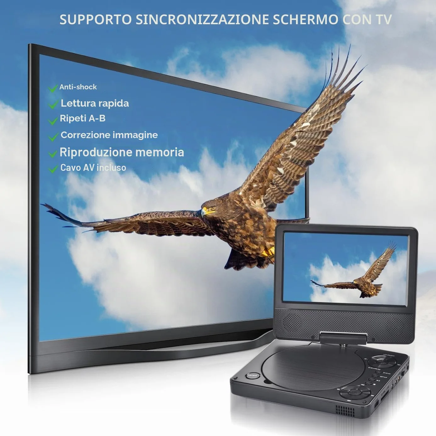 YOOHOO Mini lettore DVD portatile 9,5" schermo girevole HD 7,5" multi regione per auto bambini