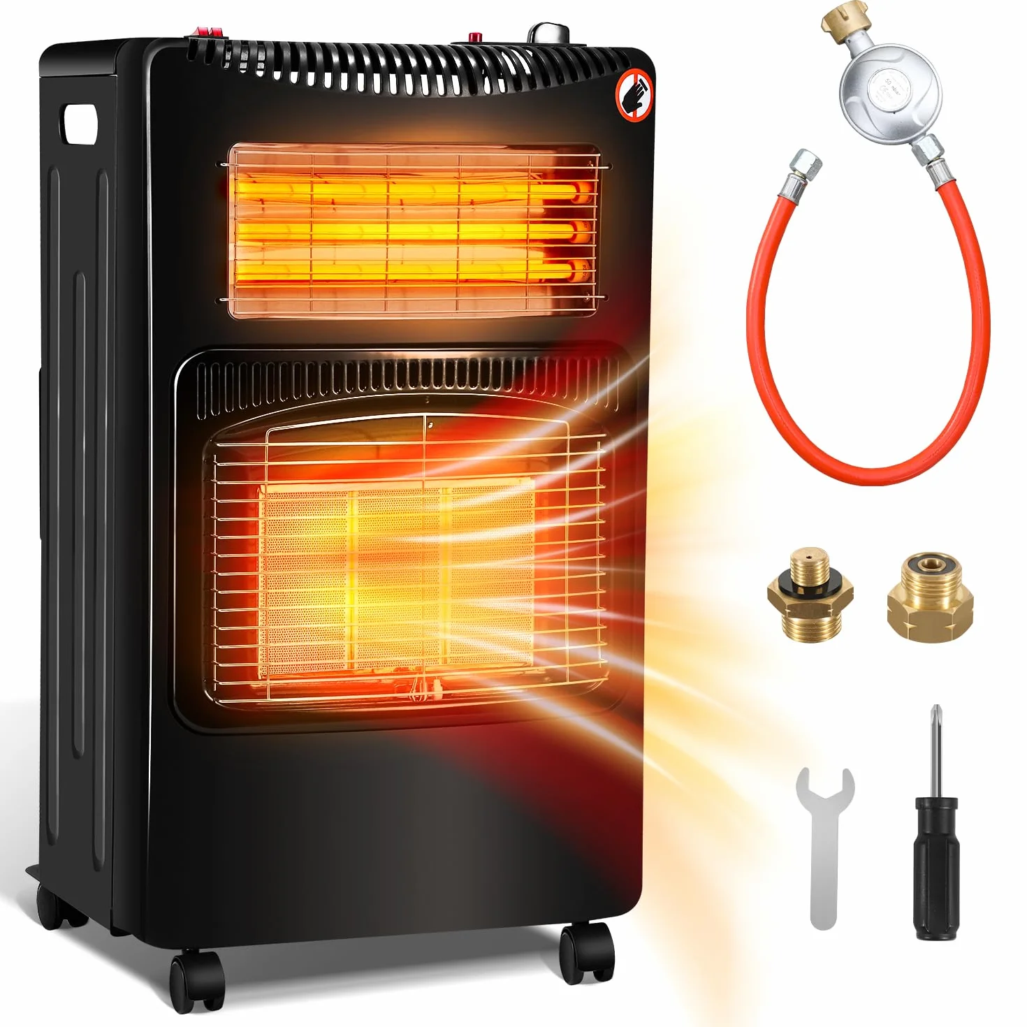 Riscaldamento a gas per interni, 4,2 kw + 1,26 kW, 3 livelli di riscaldamento, per bombole fino a 15 kg, con regolatore e adattatore