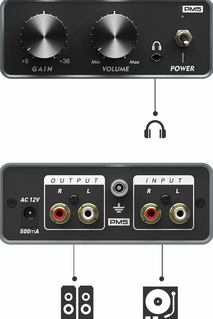 Phono Preamplificatore, Mini Preamp per Giradischi Vinile con RCA, Cuffie, Volume e Guadagno Regolabili
