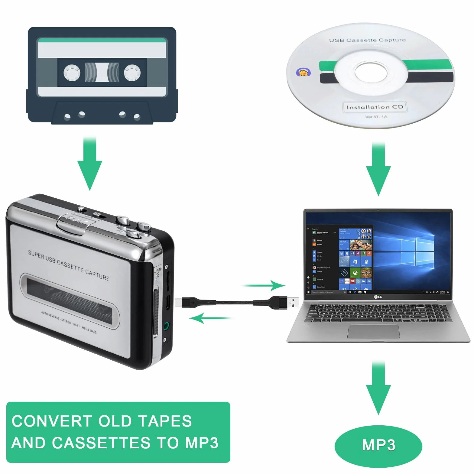 Incutex Lettore Cassette Audio Convertitore Musicassette MP3 USB Argento