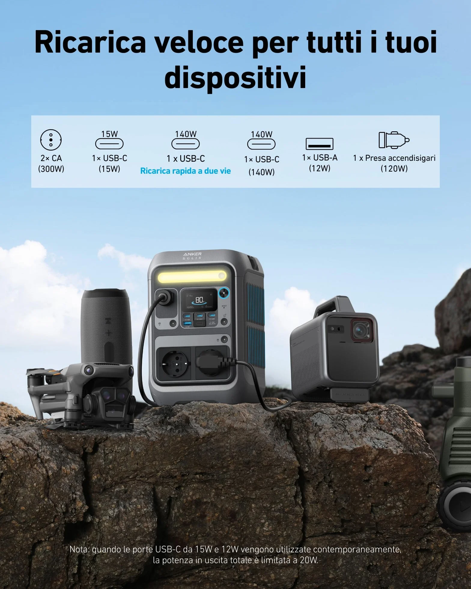 Anker SOLIX C300 centrale elettrica portatile, batteria LiFePO4 da 288Wh, generatore solare da 300W (picco 600W), ricarica bilaterale da 140W, campeggio, viaggi, emergenze (pannello solare opzionale)