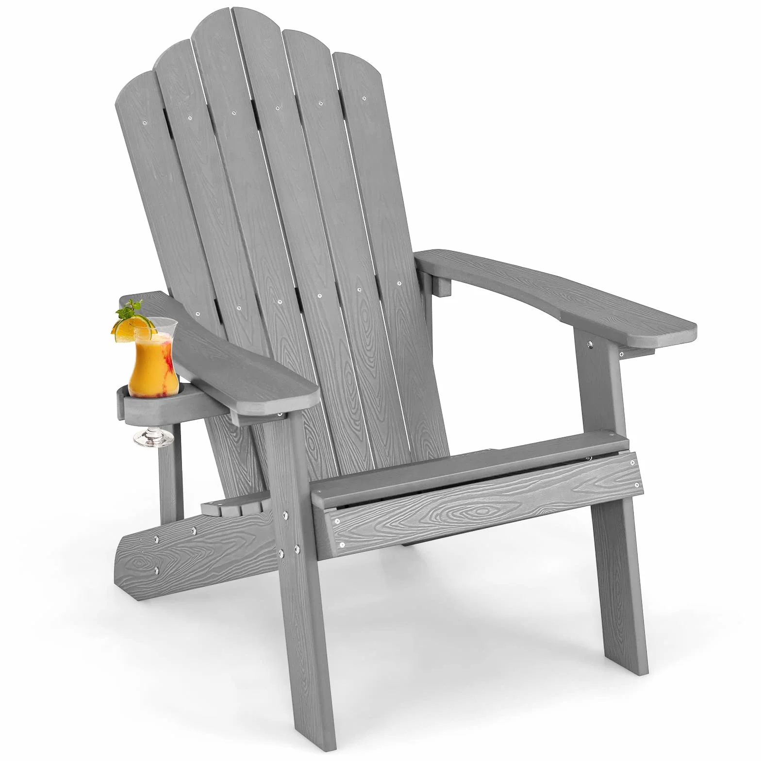 COSTWAY Sedia da Giardino Adirondack in HIPS, Sedia Adirondack con Portabicchieri, Poltrona da Esterno Resistente, per Giardino, Balcone, Piscina, Portata 150 kg (1, Grigio)