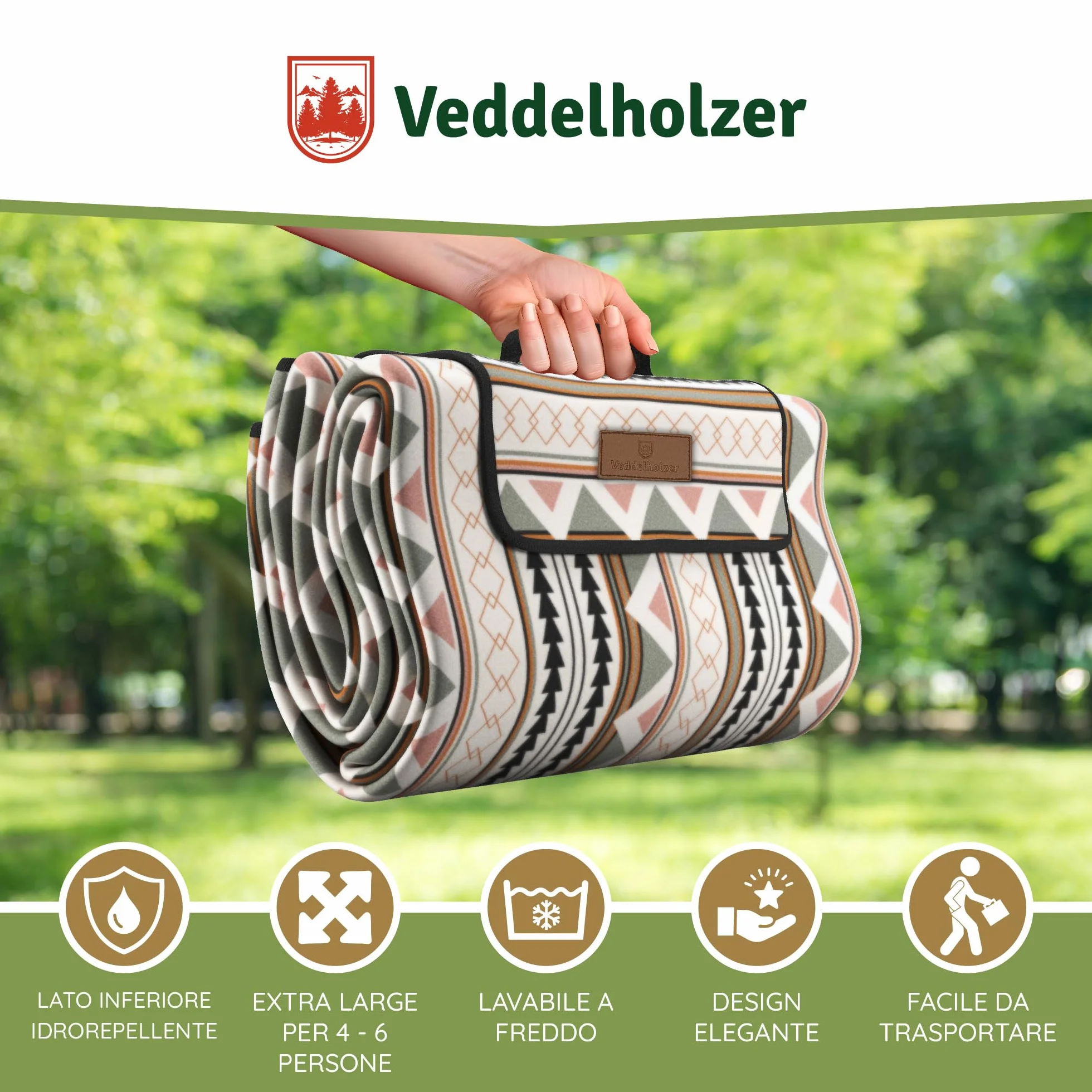 Coperta da picnic Boho impermeabile 200 x 200 cm Veddelholzer XXL isolata e imbottita