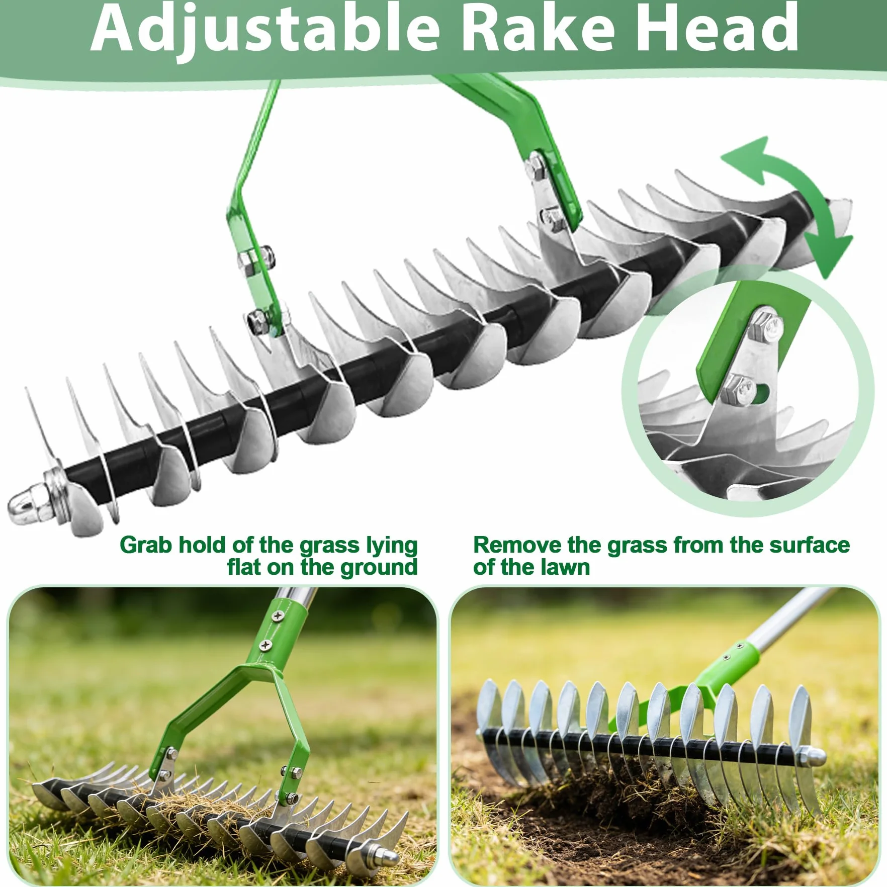 TZEKING 163cm Rastrello Sarchiatore con Manico Rimovibile,Cultivatore a Mano da Giardino a Manico Lungo Regolabile,Rastrello per Prato,Aeratore Doppio per Pulire l'Erba Morta