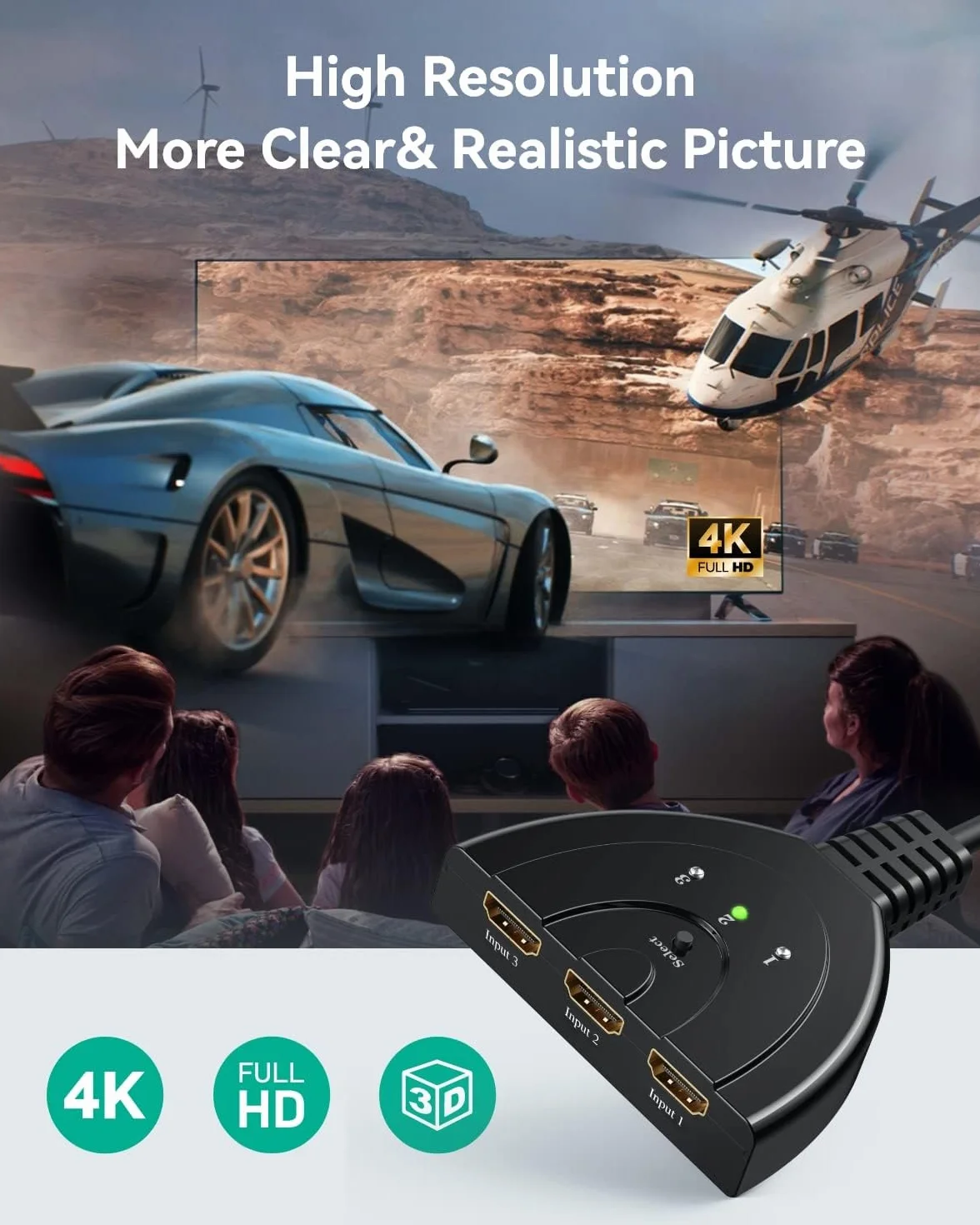 Gana HDMI Switch 3 In 1, Commutatore HDMI 4K UHD 30Hz Full HD 1080p 60Hz 3D Manuale Compatto