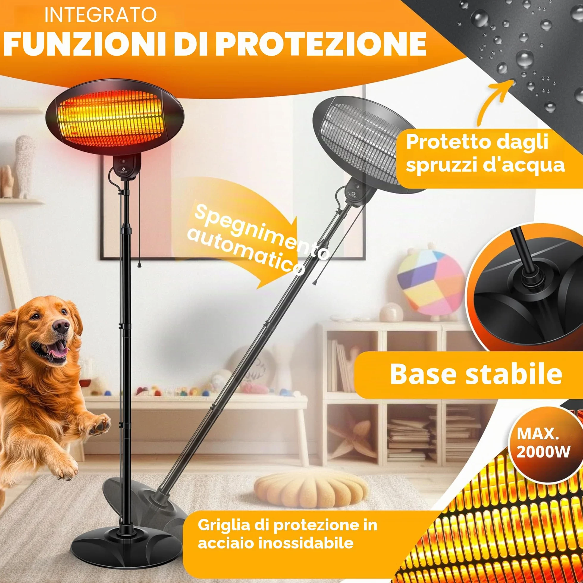KESSER Riscaldamento radiante 2000 Watt infrarossi da terra regolabile in altezza