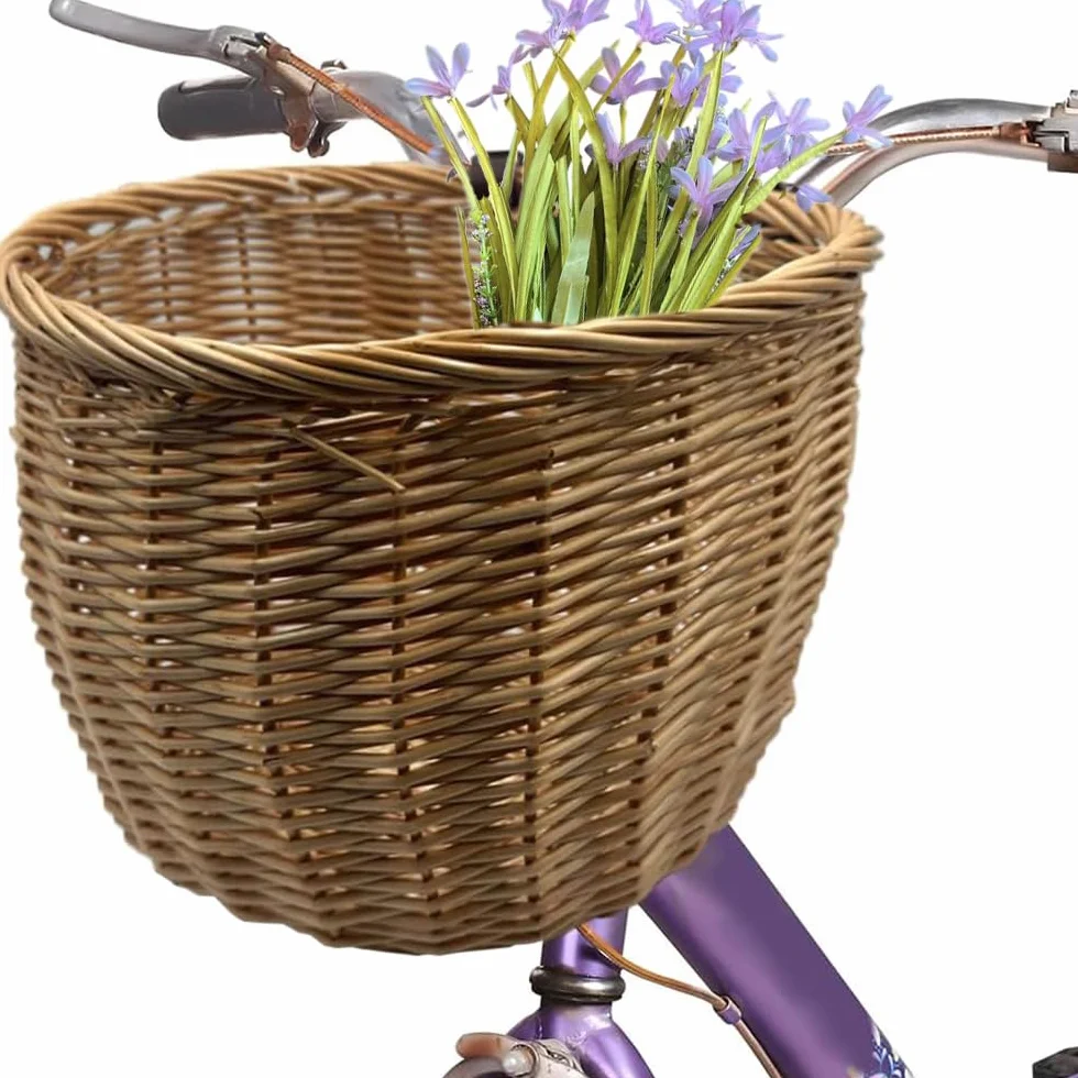 Virsus Cestino Bici in Vimini 1861, misura 29x23x25 cm, Cesto Multiuso intrecciato colore Marrone Chiaro con Cinturini in Pelle Regolabili, Portaoggetti, Trasporto Spesa, Oggetti