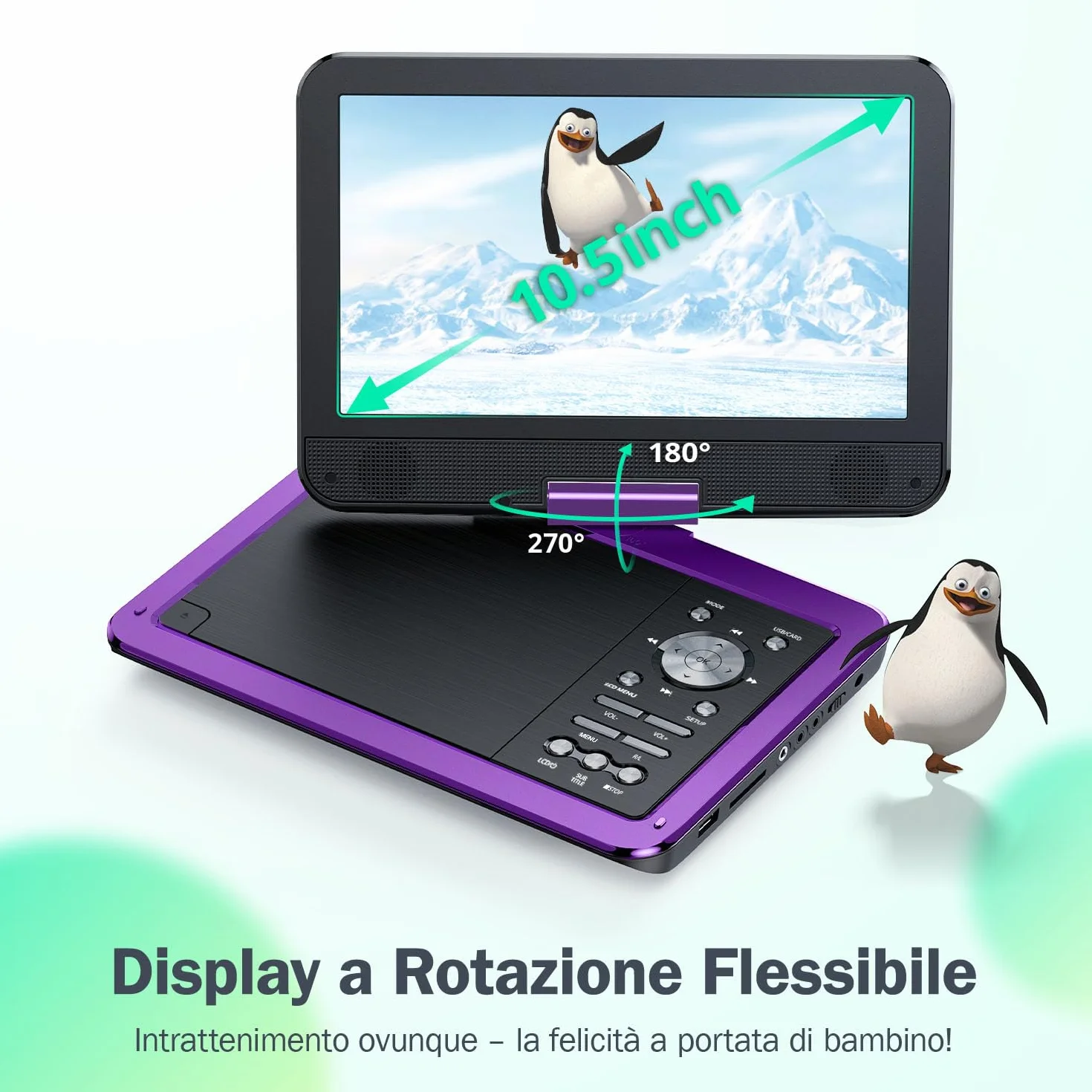 YOTON Lettore DVD Portatile 12,5" Schermo Girevole HD 10,5" per Auto Bambini Batteria 6 Ore USB SD