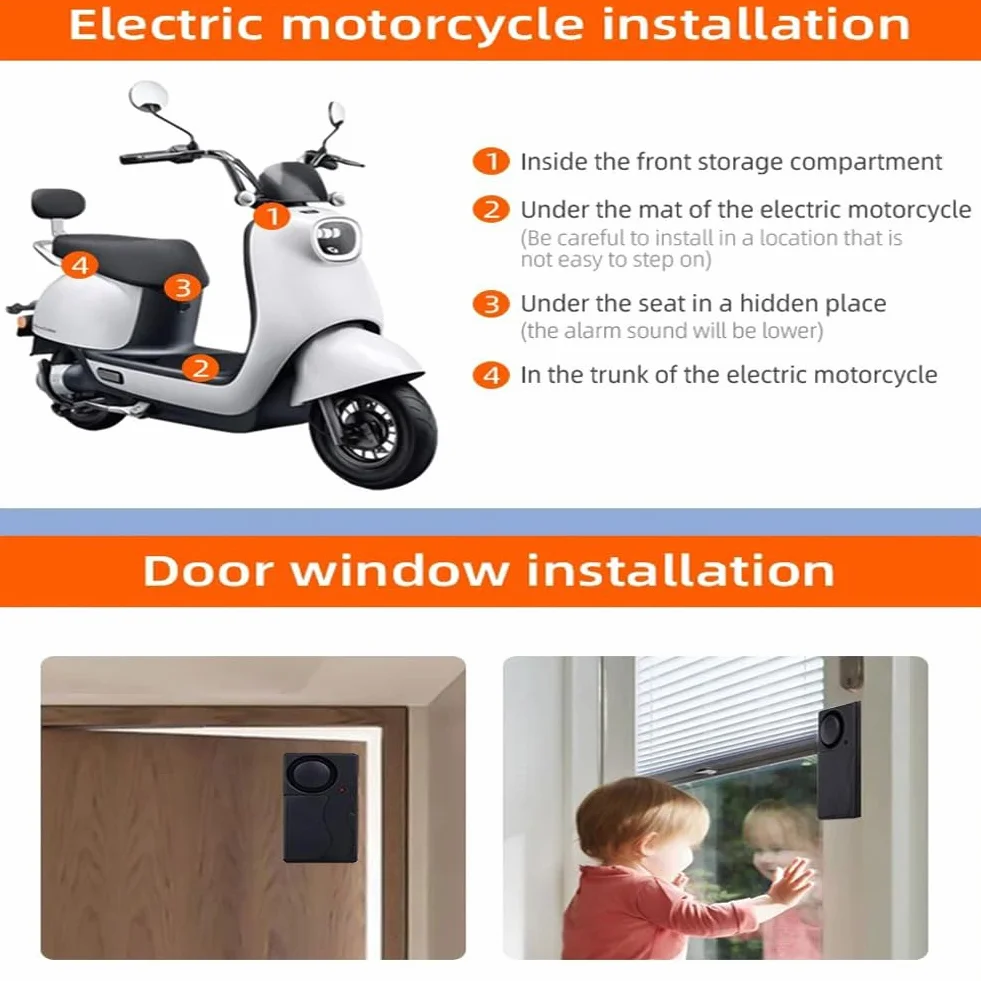 Mengshen Allarme Antifurto Senza Fili 110dB 4 Sensori con 2 Telecomandi per Porte Finestre Bicicletta EBike Scooter Auto