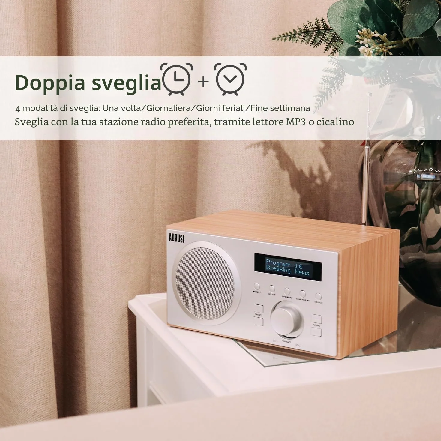 August MB420 Radio DAB/DAB+/FM, Radiosveglia Bluetooth, Subwoofer 5W, USB/Aux - Quercia