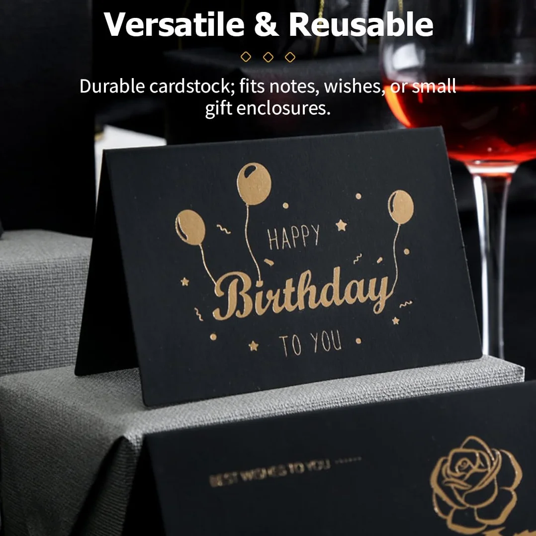 RUKAN 6 Pezzi Biglietto Auguri Compleanno con Busta e Adesivi - Nero e Oro, Biglietto di Auguri Minimalista