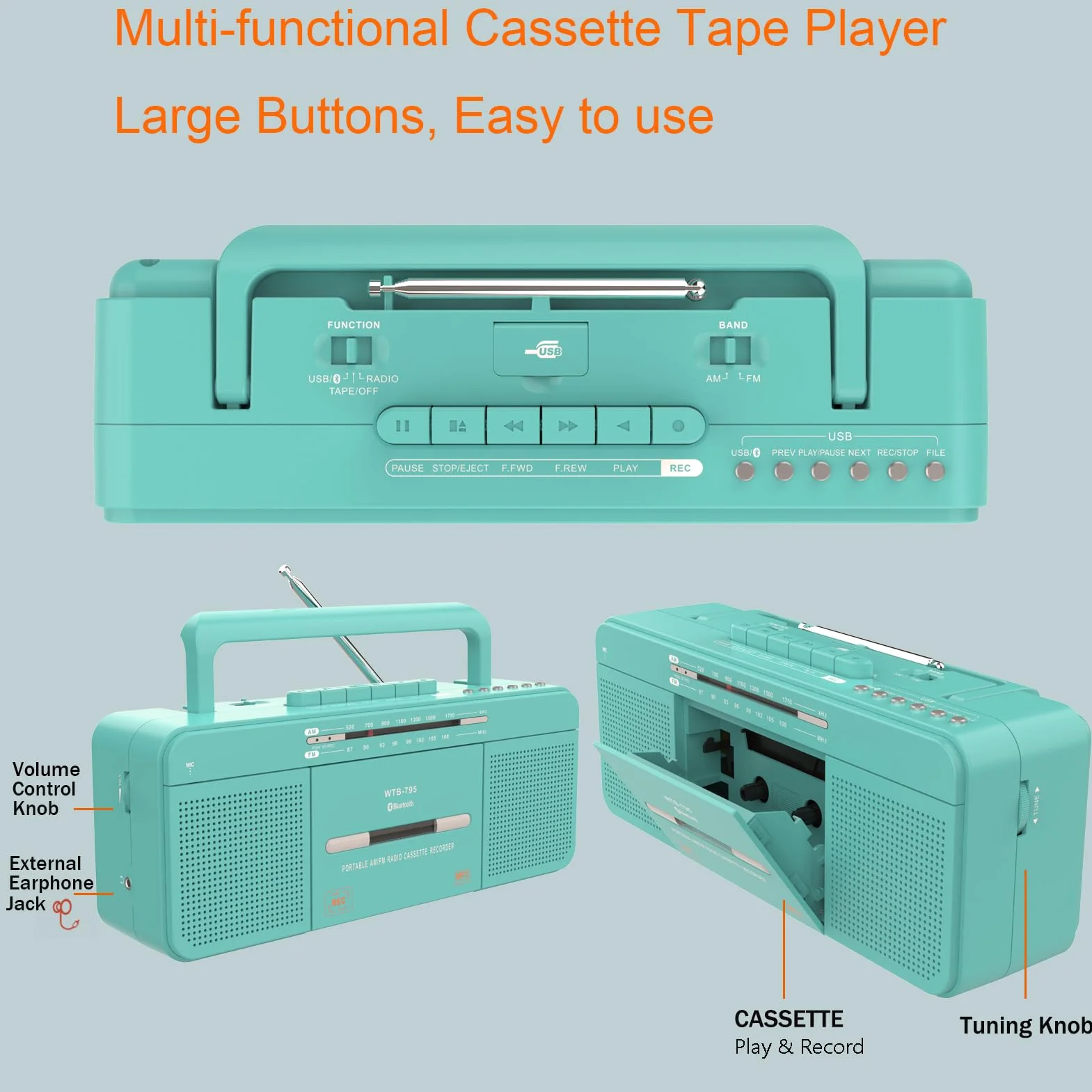 Lettore Audio Cassette Portatile USB Bluetooth Radio Stereo AM FM Registratore Microfono Convertitore MP3 Jack Auricolare Verde
