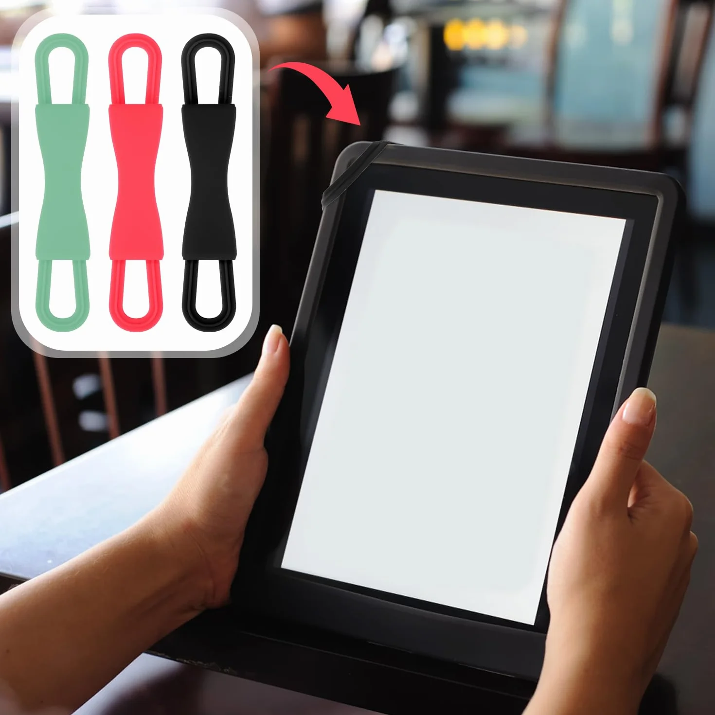 Lyreh 3 Pezzi Supporto da Polso per Kindle, Comodo Cintura di Lettura Estensibile per Tablet 10,16-20,32 cm (Nero, Rosso, Verde)