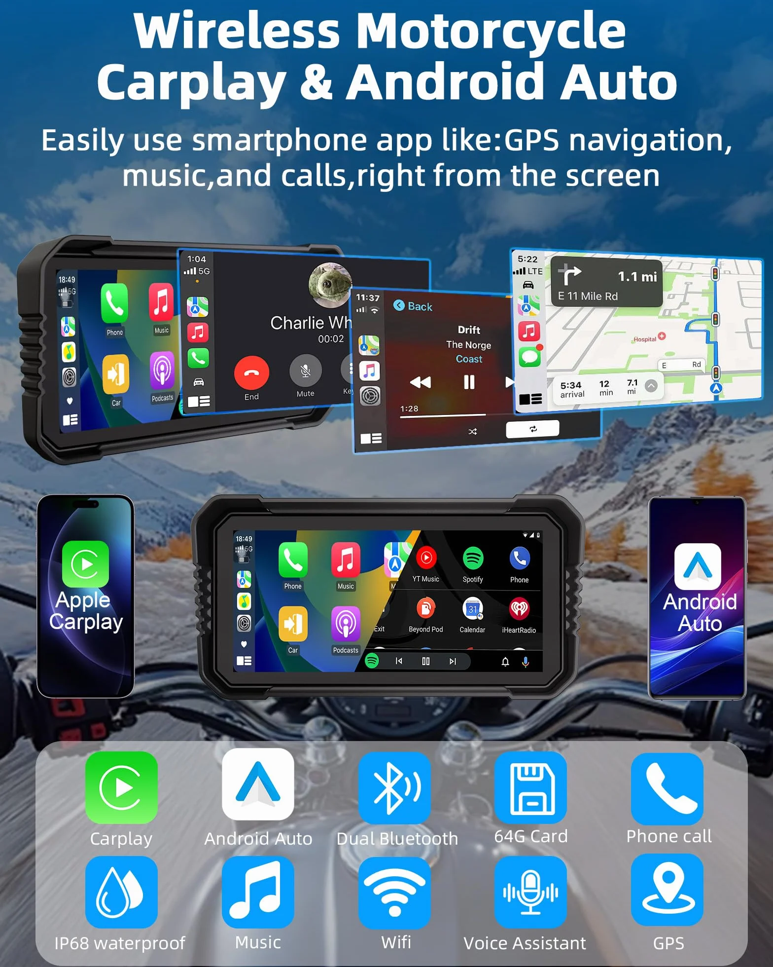 Motorcycle Carplay Android Auto 4K Dashcam 6.25" Double Camera Bluetooth IP67 GPS Navigation 64GB