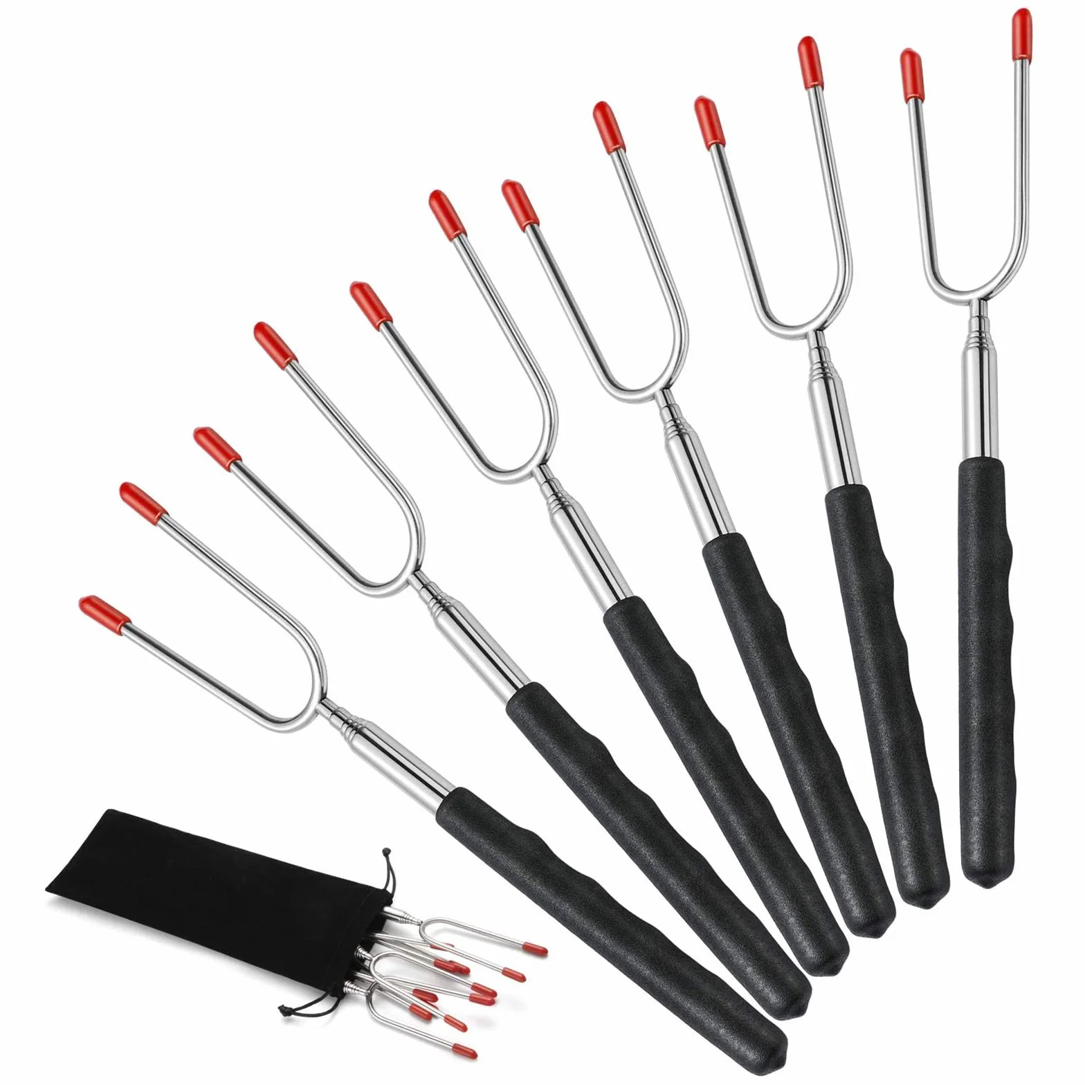 Homealexa Forchette Estensibili BBQ Bastoncini di Marshmallow in Acciaio Inox con 10 Spiedini Barbecue in bambù Forchette Allungabili da 85cm per Hot Dog Kebab BBQ Carne Set da 6 Pezzi
