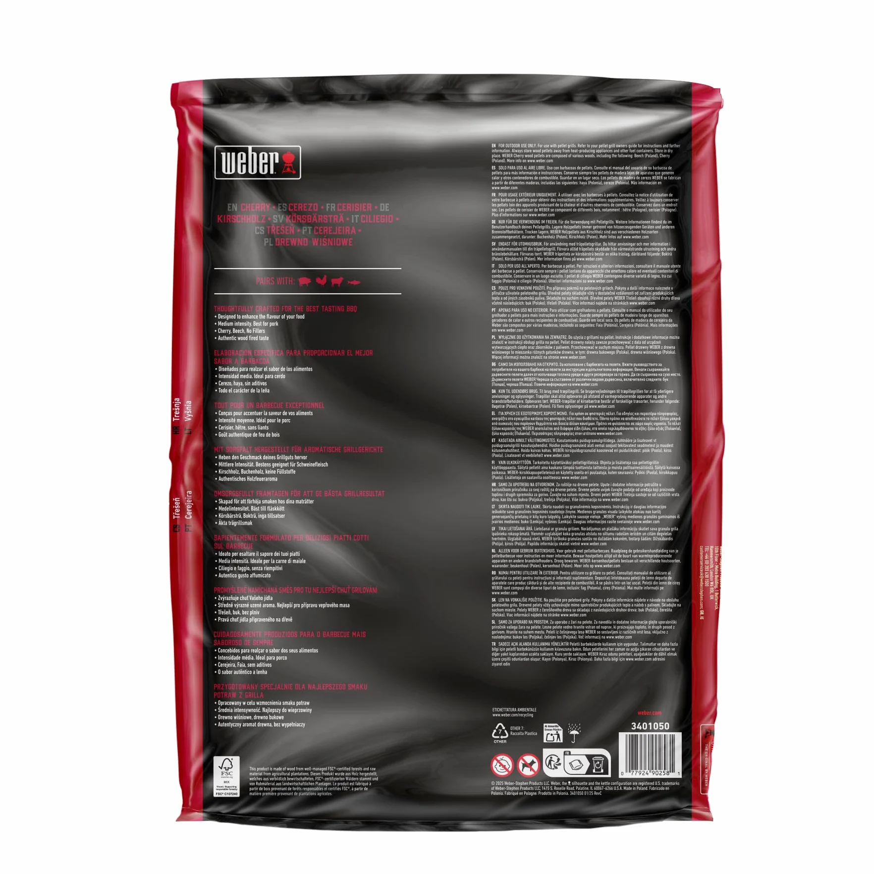 Weber Pellet di legno duro di ciliegio/legno naturale di ciliegio per barbecue a pellet con un sapore delicato, fruttato, dolce e affumicato, senza riempitivi, per cotture lente, sacchetto da 8 kg
