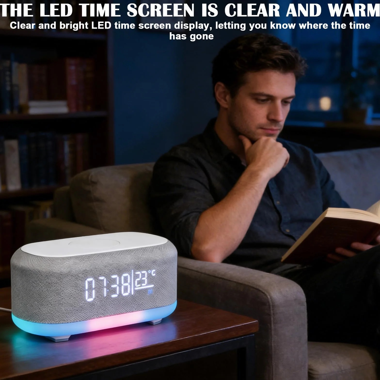 Radiosveglia Digitale con Stazione di Ricarica Wireless 15W, Sveglia Bluetooth, Luce Notturna 9 Colori, Caricatore USB