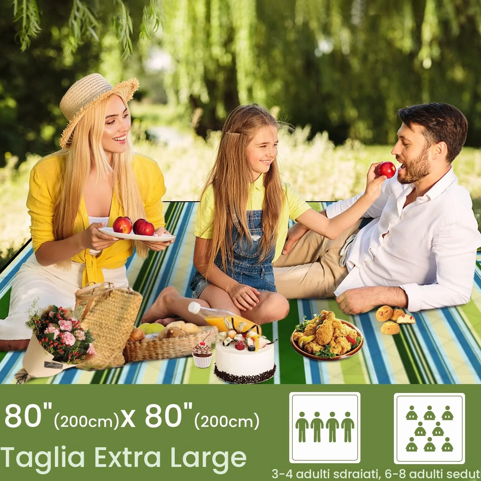 Telo Picnic Impermeabile 200x200cm Antisabbia Stuoia Spiaggia Imbottito Campeggio