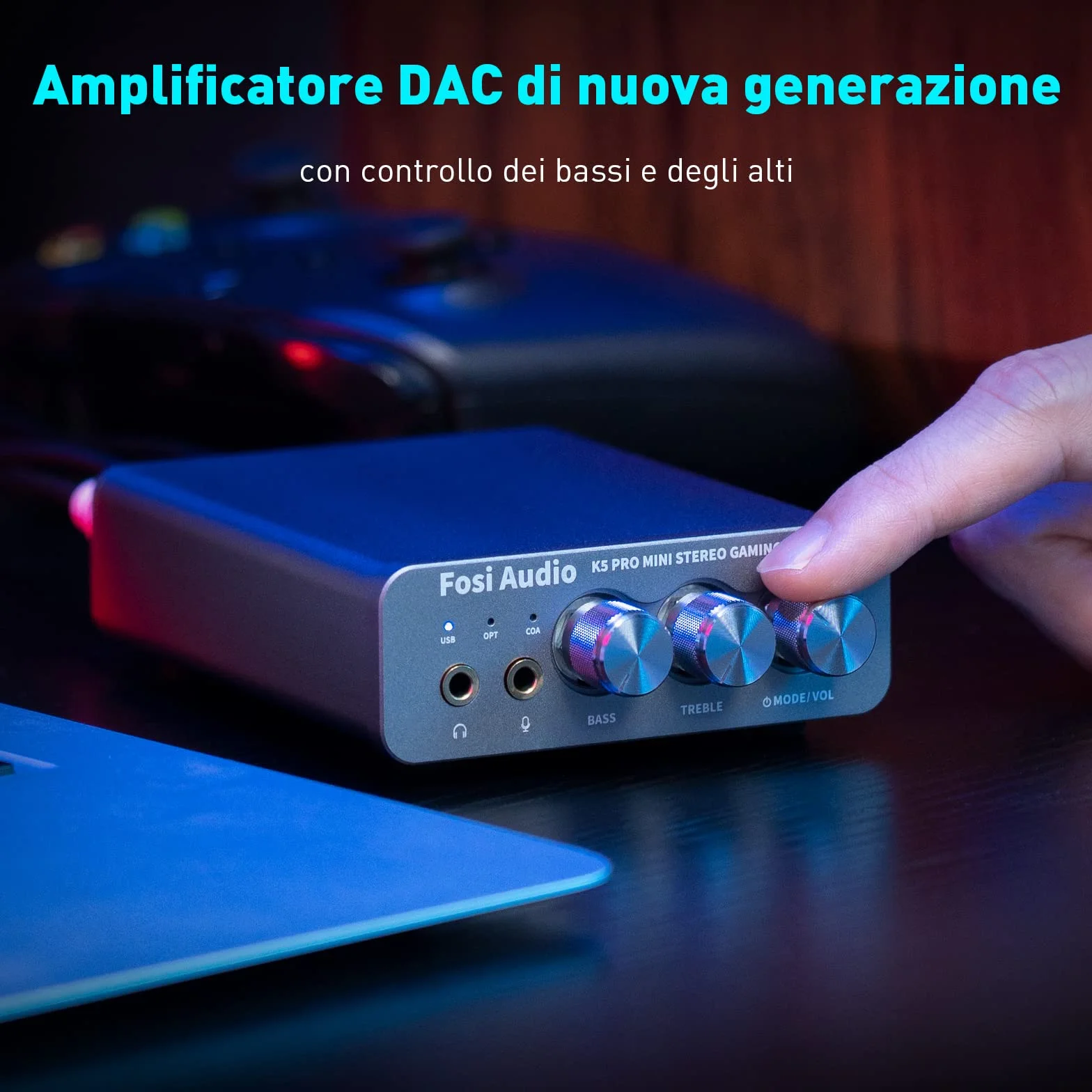 Fosi Audio K5 Pro Amplificatore per Cuffie DAC USB C Uscita 3,5 mm RCA Ingresso Microfonico Ottico Coassiale USB Type C Gaming DAC AMP Hi-Res PS5 PC MAC