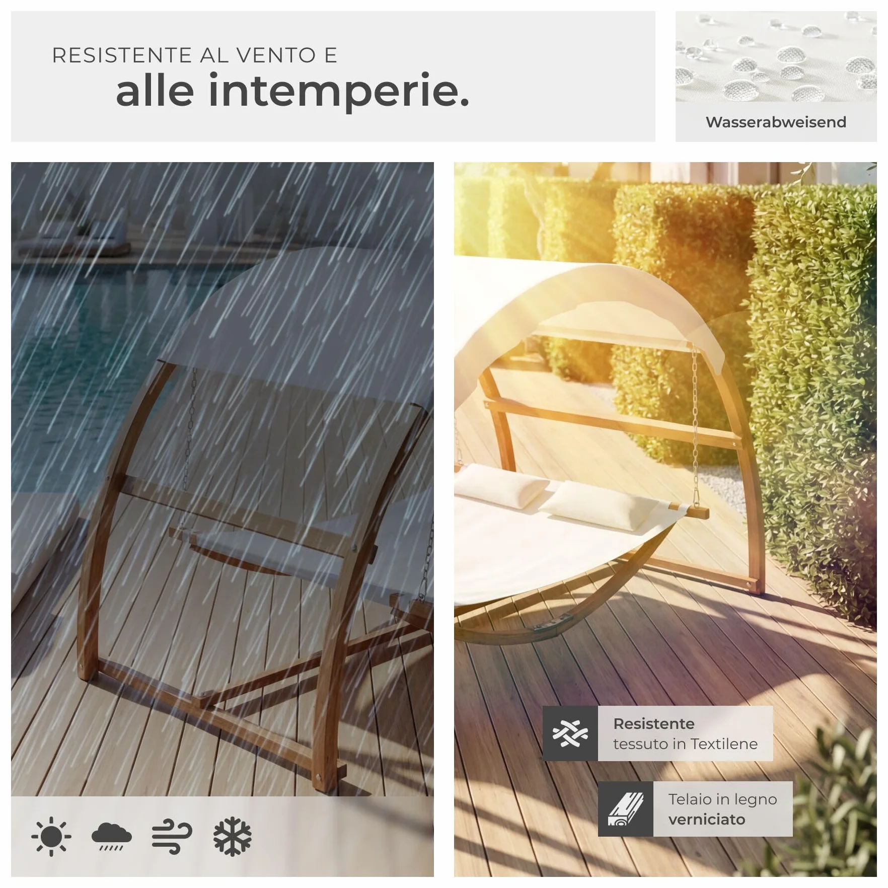 tectake® Amaca da Esterno per 2 Persone, Amaca XXL con Tettuccio Parasole, Struttura in Legno Robusta, Tessuto Traspirante e Idrorepellente, Inclusi Comodi Cuscini, Teak, 328 x 160 x 171,5 cm