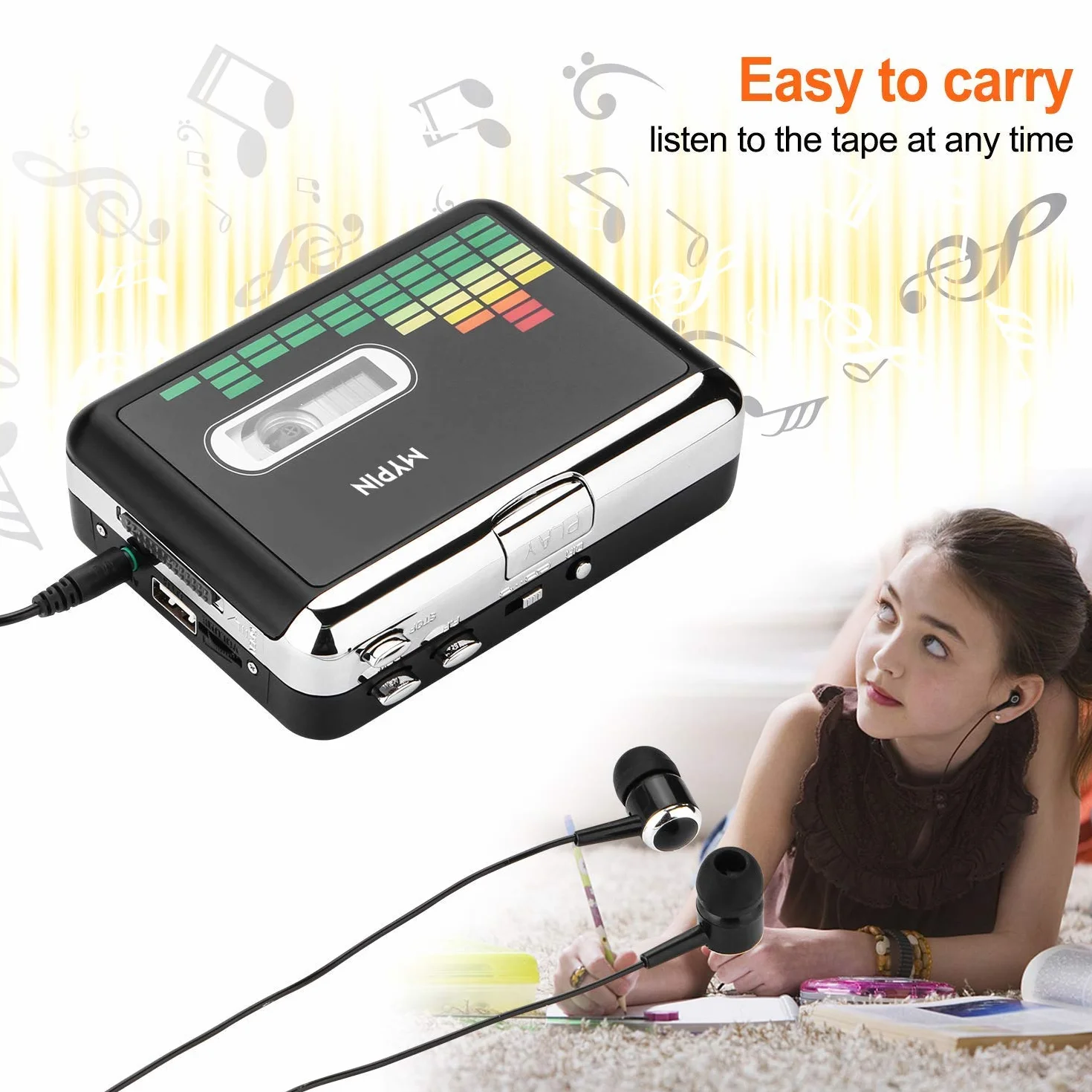 MYPIN Registratore a Cassetta Portatile Lettore Convertitore da Cassetta a MP3 USB con Auricolari