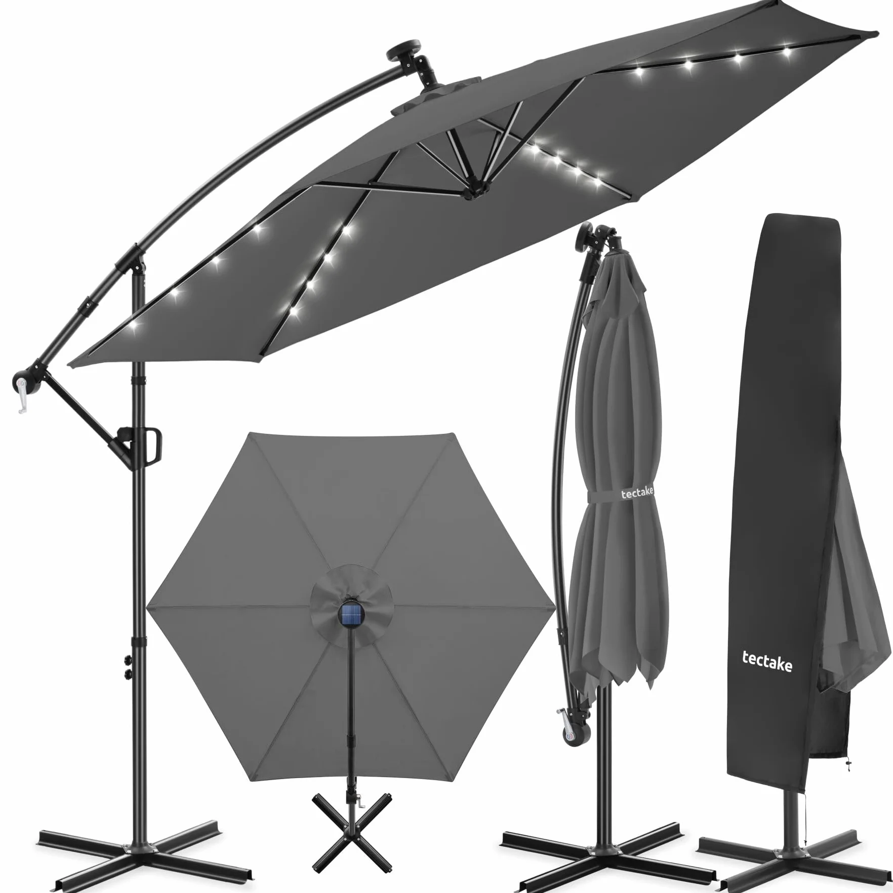 tectake® Ombrellone da Giardino 3x3 m, Ombrellone a Braccio Girevole 360° con Strisce Led a Energia Solare, Protezione UV 50+, Idrorepellente, Inclinabile, Base in Acciaio a Croce, Manovella