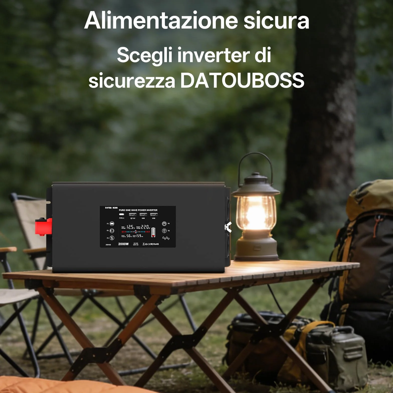 DATOUBOSS Inverter 12V 220V/230V Onda Pura 2000W Convertitore con Telecomando 2 Prese EU USB QC3.0 Type-C Display LCD
