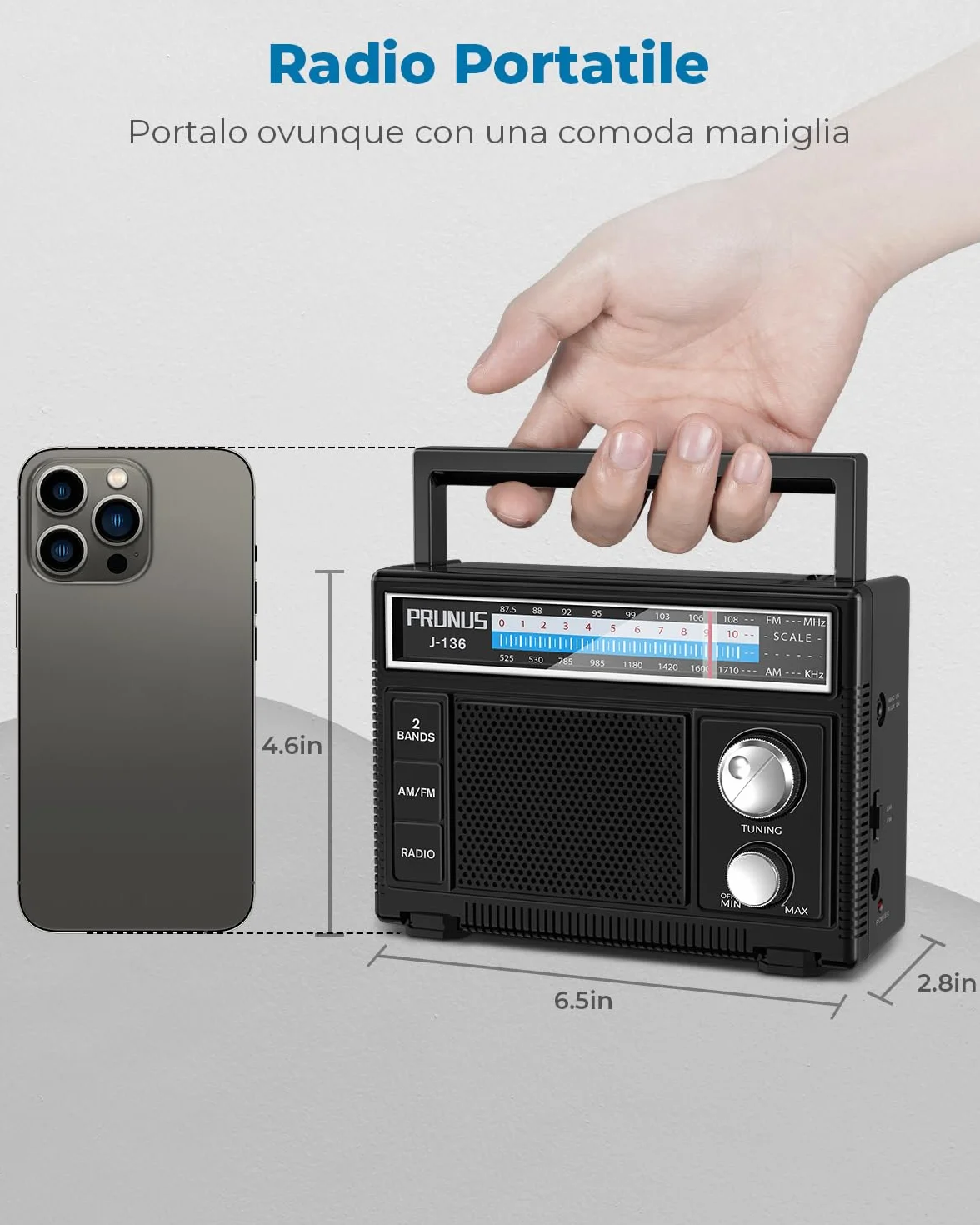 PRUNUS J-136 Radio Portatile AM/FM, Alimentazione Batterie o CA, Jack AUX/Microfono, Nero