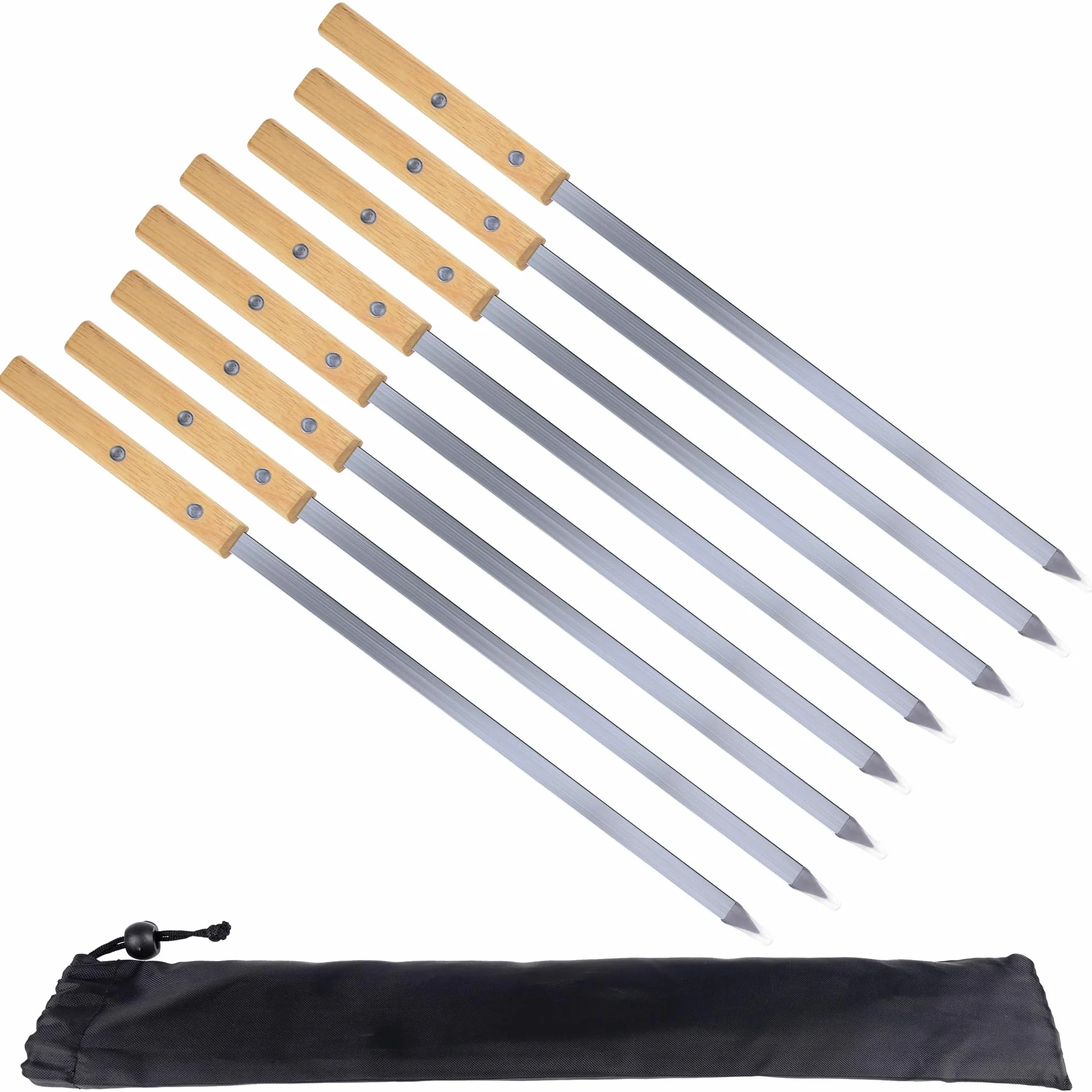 Spiedini Barbecue in Acciaio Inox 42 cm con Manici in Legno di Faggio, Set 8 Pezzi