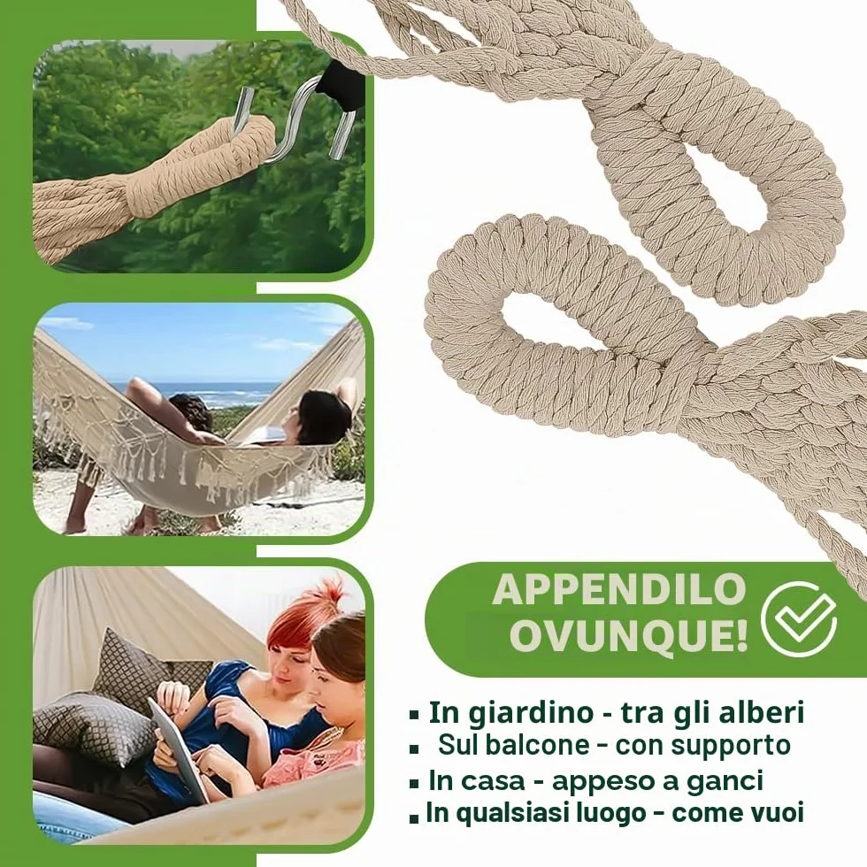 Amaca da esterno in stile bohémien 190 x 150 cm beige 120 kg cotone poliestere con frange sacchetto trasporto
