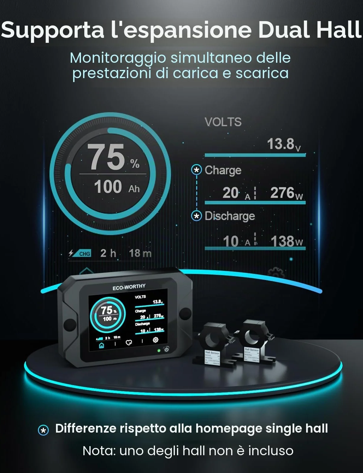 ECO-WORTHY Monitor della batteria 300 A 12V/24V/36V/48V display touchable allarme 9-80V LiFePO4 gel camper impianti solari