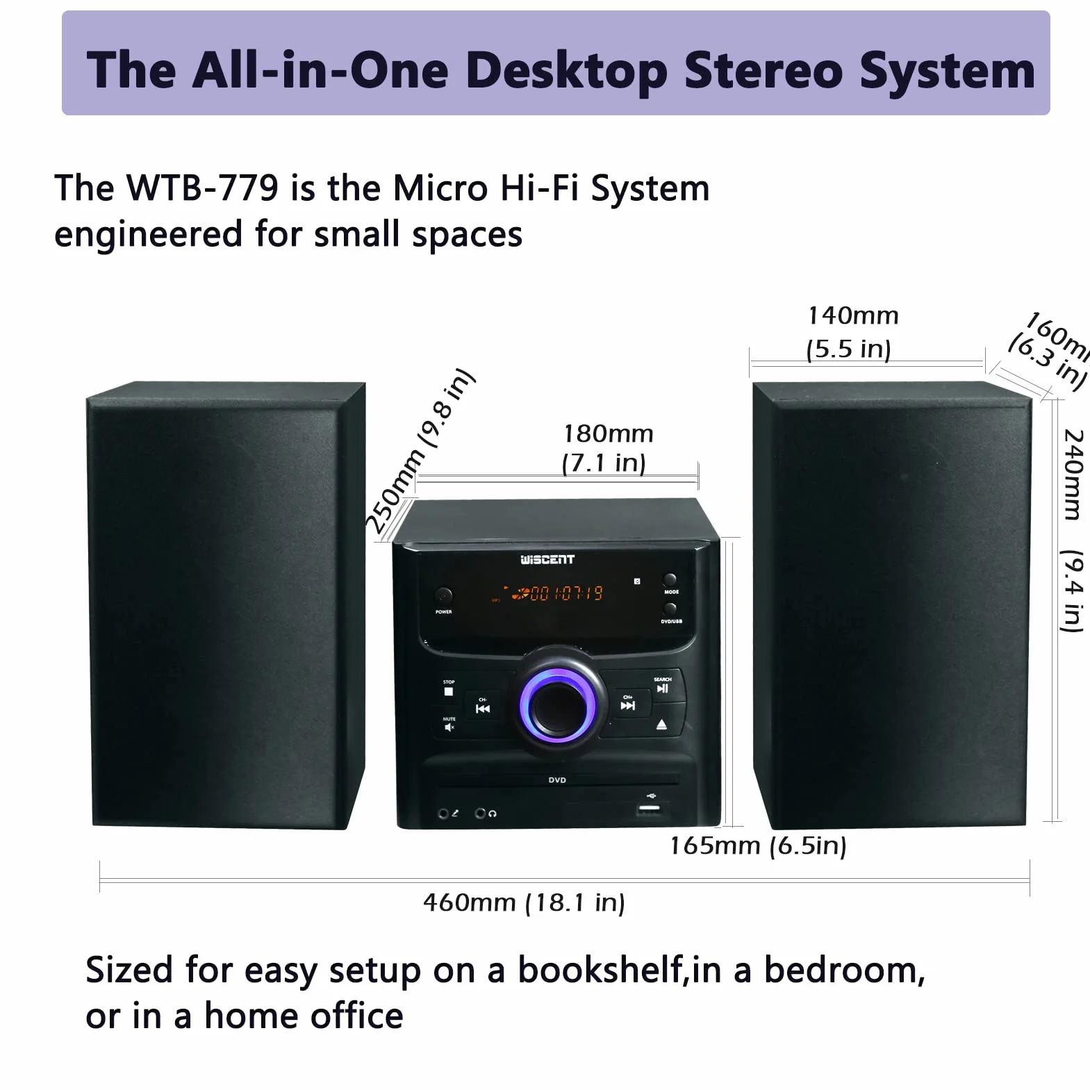 WISCENT Bluetooth Micro HiFi System, Lettore CD DVD Radio FM USB MP3 AUX Mic 30W