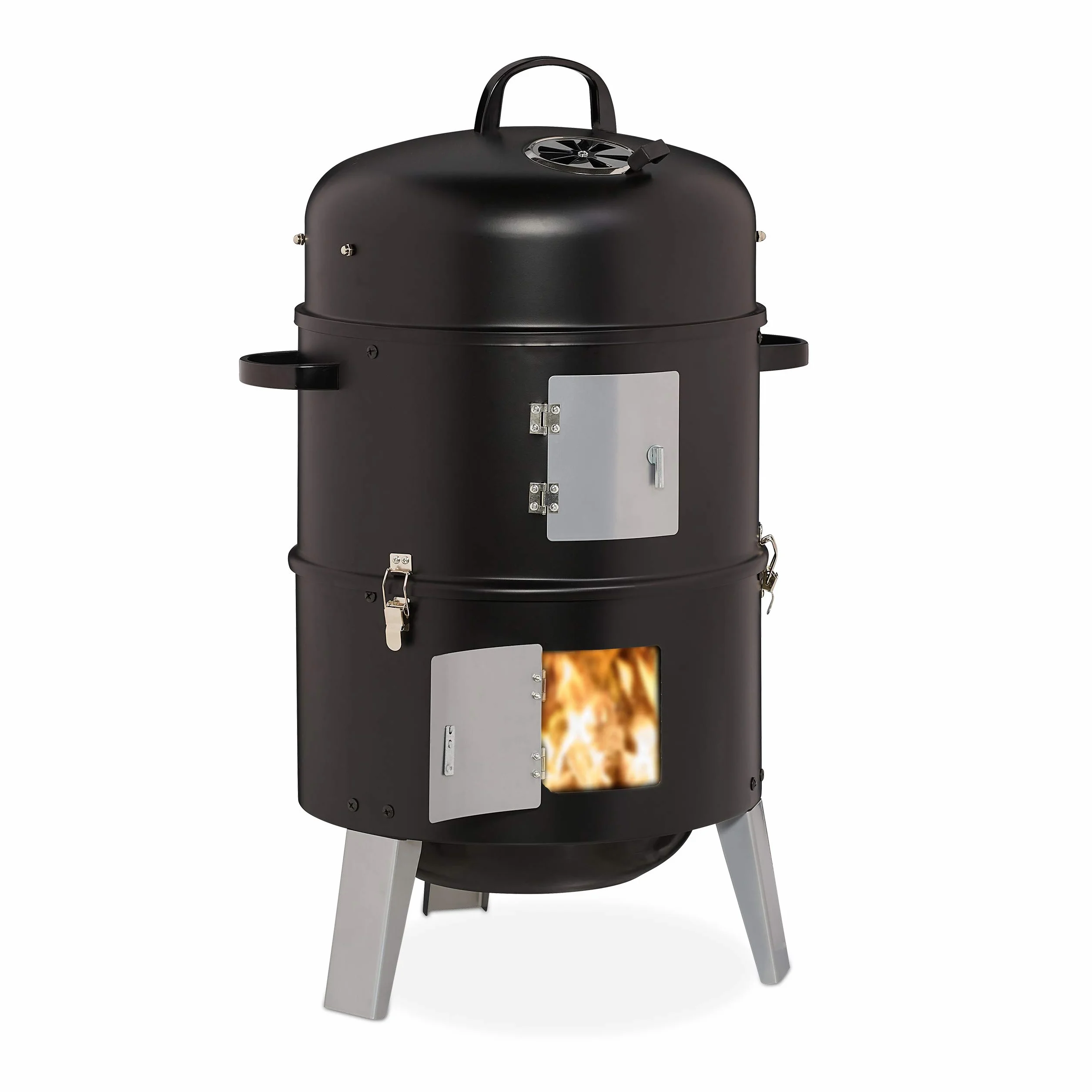 Relaxdays Affumicatore Verticale 3in1, Grigliare, Affumicare & Cuocere, Termometro & Cappa, Barbecue Smoker,∅ 40 cm,Nero