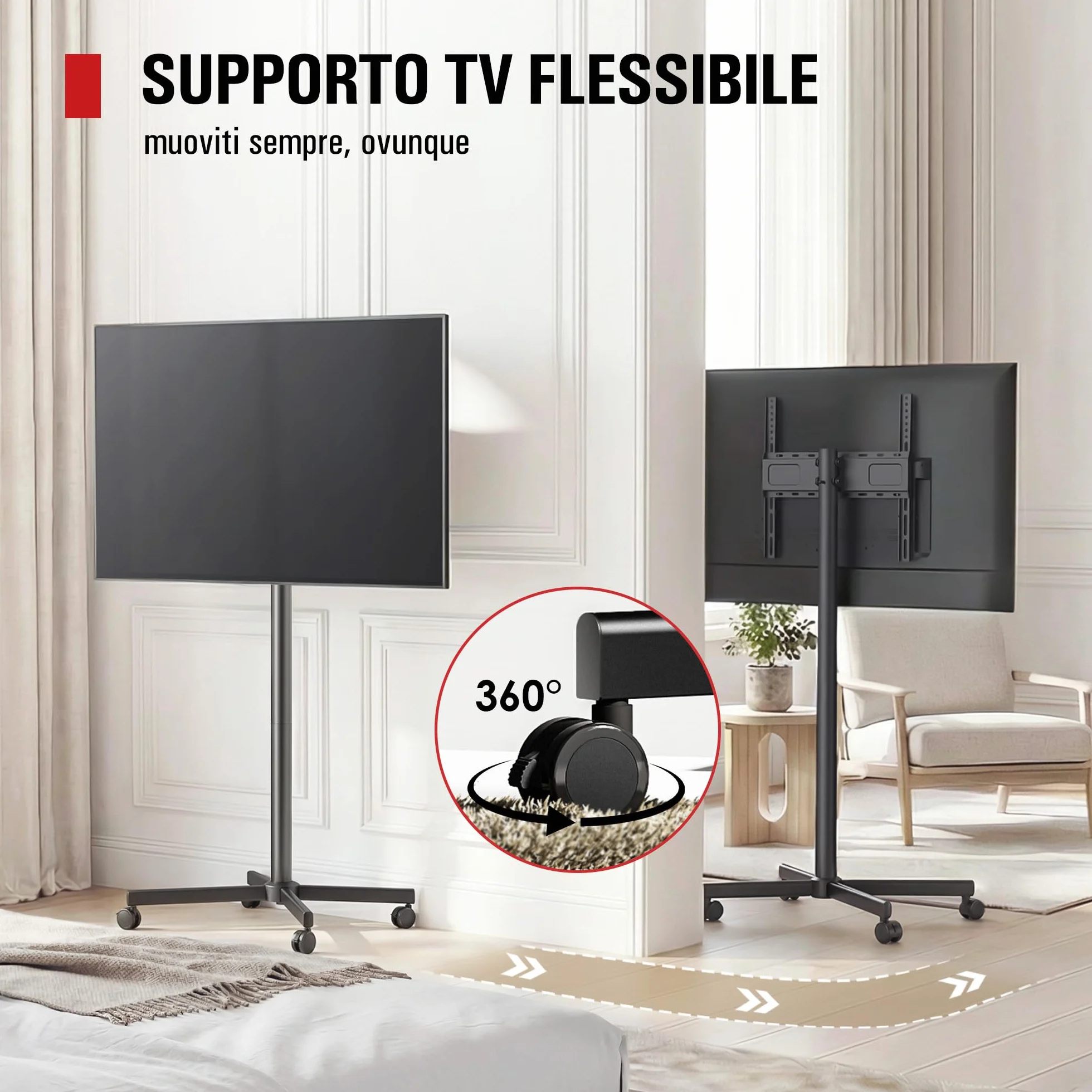 AOKCOS Carrello Porta TV 32-65 Cali, Supporto TV da Pavimento Regolabile, Inclinabile, VESA 400x400mm 40kg