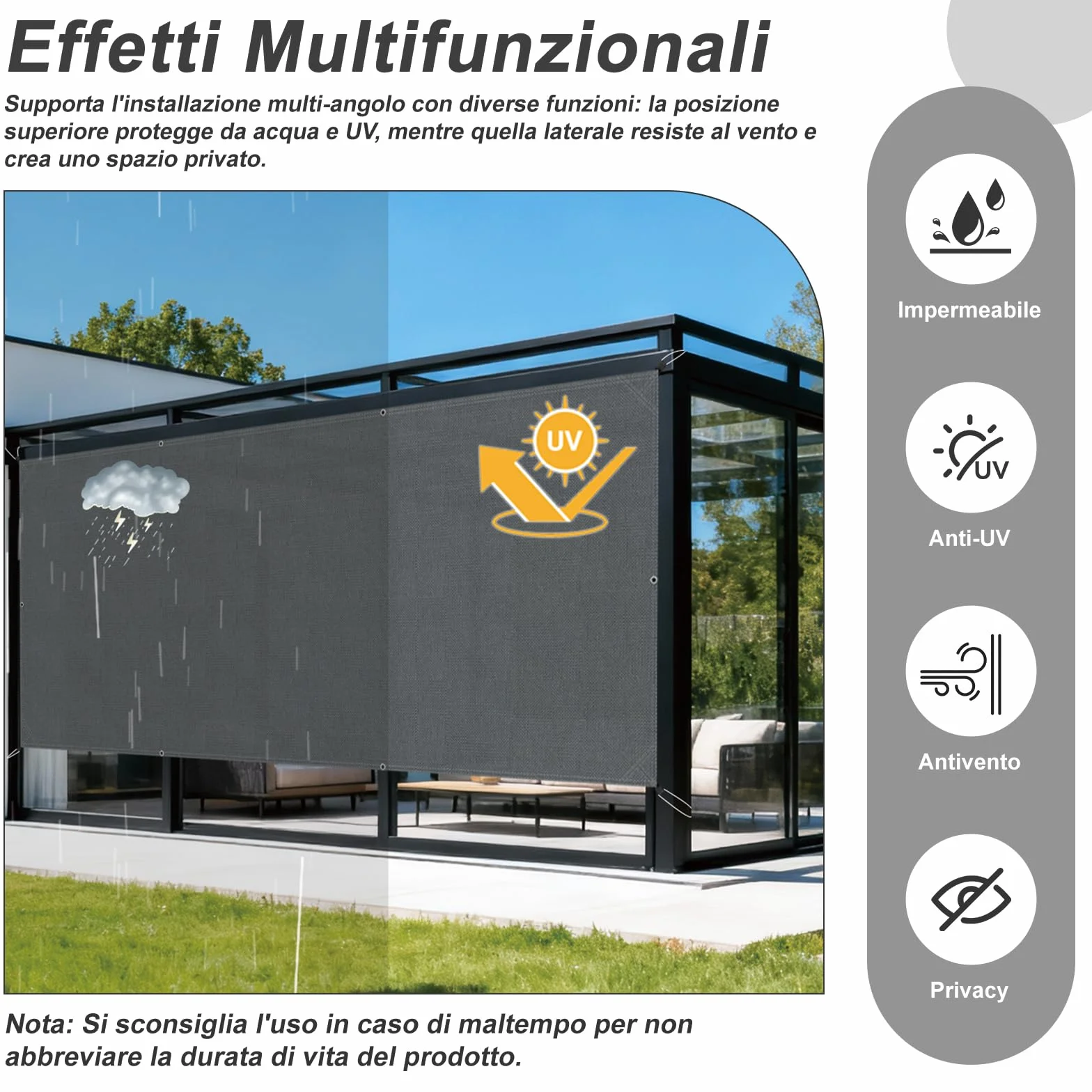 Tenda da Sole Impermeabile 1,5x2m Rettangolare Protezione UV 95% Vela Ombreggiante per Esterno Giardino Terrazza Pergola Antracite