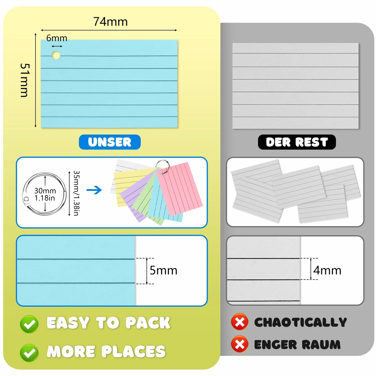 Flashcard A8 a Righe con Anello, 600 pezzi, Colori Intensi per Appunti Ufficio Scuola