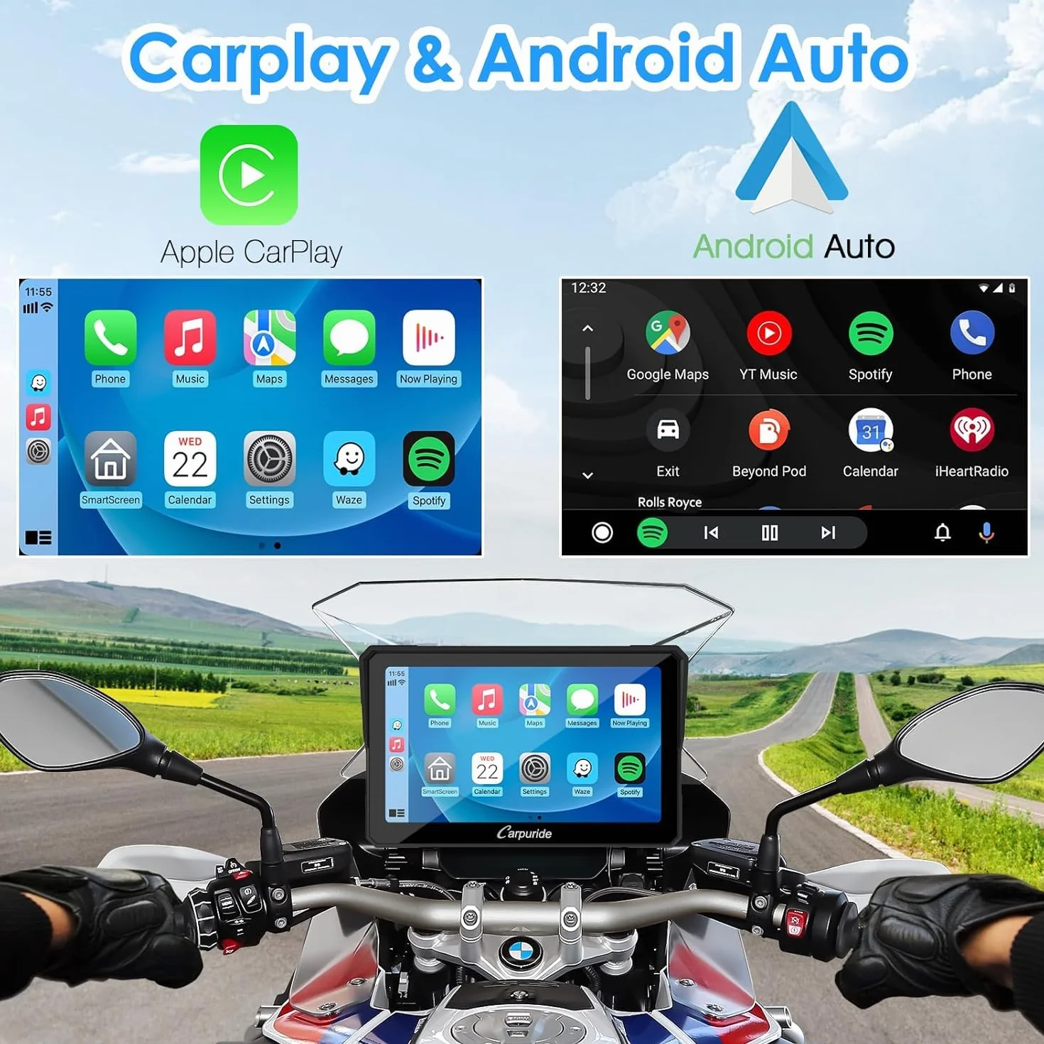 Carpuride W702B Schermo Carplay Moto 7" Impermeabile Touchscreen Wireless CarPlay Android Auto Dual Bluetooth per BMW