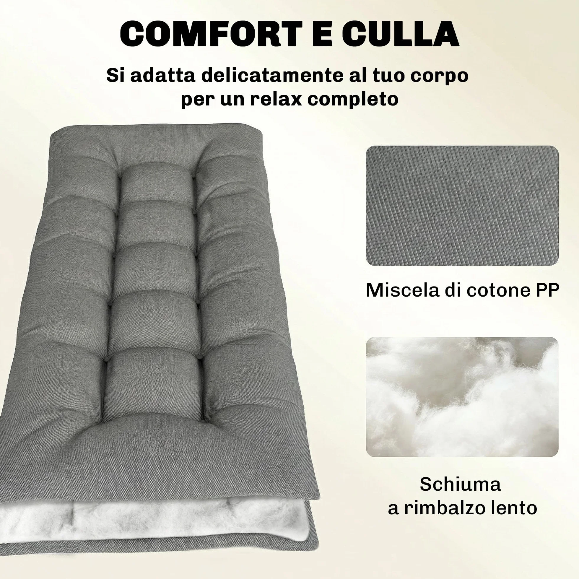 Outsunny Cuscino per Poltrona da Patio, UV50+ con Cinghie di Fissaggio, 198x65x13 cm, Grigio Chiaro