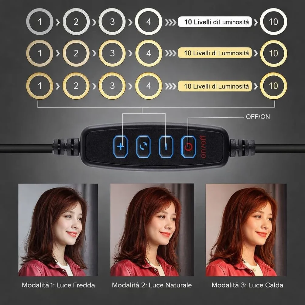 Lampada ad Anello LED 12" 30cm Regolabile per Selfie Video Foto Treppiede 3 Modalità Illuminazione