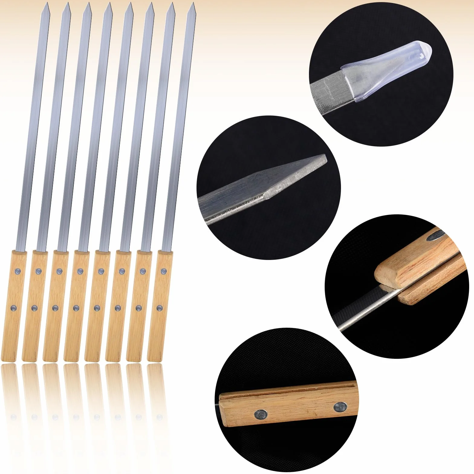 Spiedini Barbecue in Acciaio Inox 42 cm con Manici in Legno di Faggio, Set 8 Pezzi