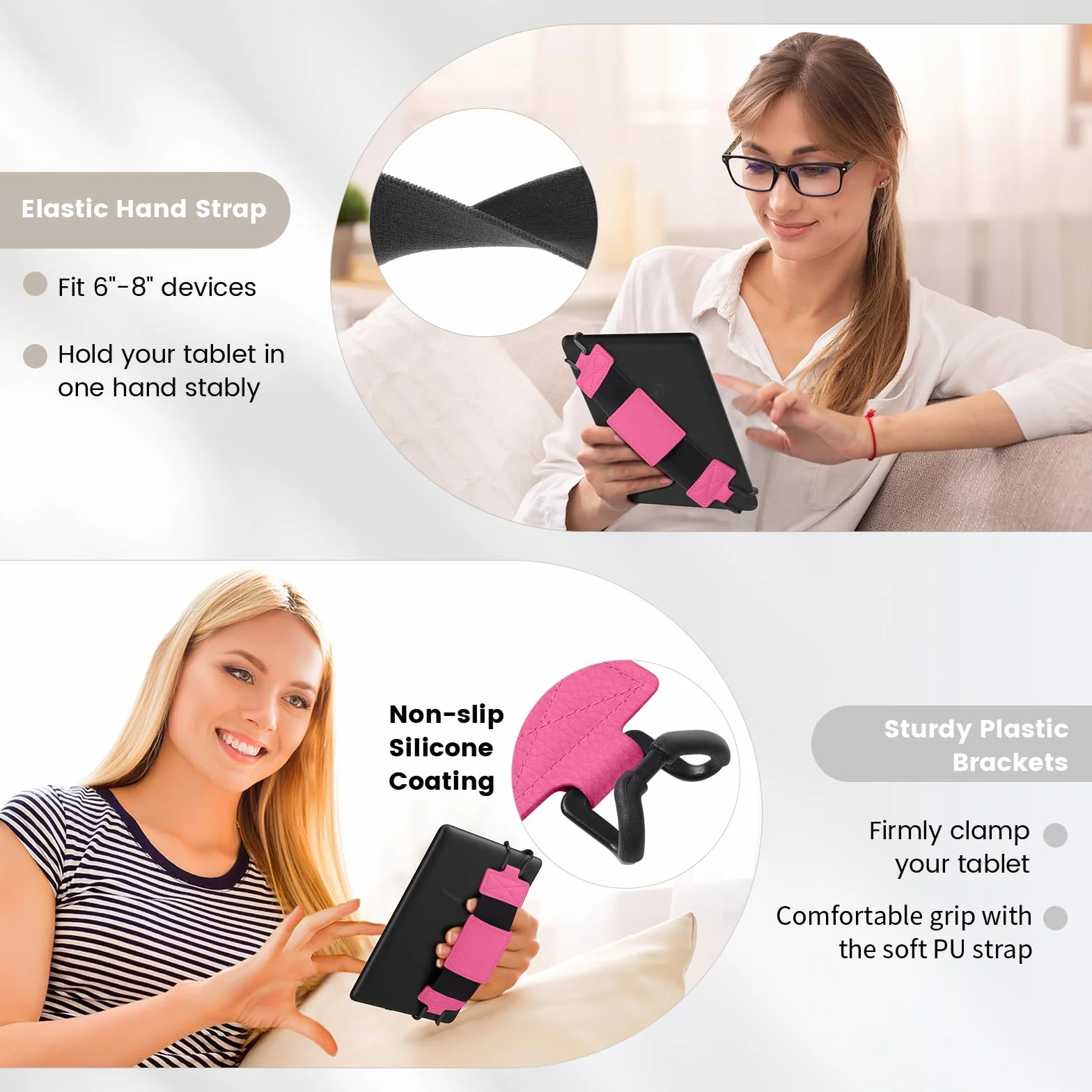 MoKo Cinturino Universale per E-Reader Tablet 6-8 cali, Morbido Supporto Mano, Fascia Elastica Impugnatura, Fiori Magenta