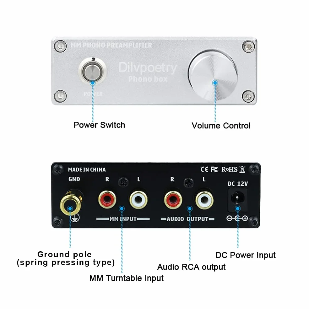 Dilvpoetry Phono Box MM Phono Preamplificatore HiFi Audio AMP Giradischi Amplificatore Fonografo Pre-amp DC12V Nero