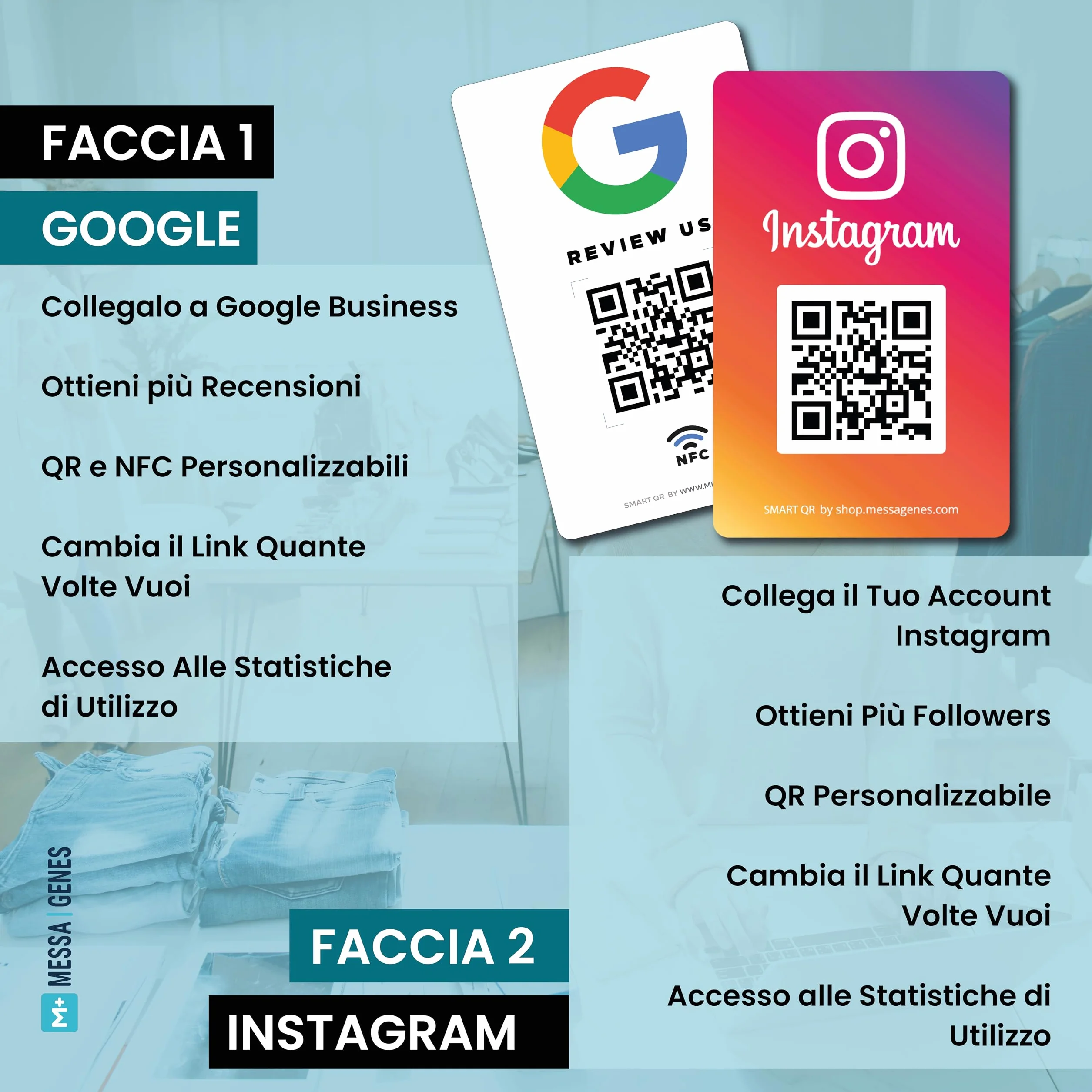 Carta Riutilizzabile per Recensioni Google con QR & NFC Toccabile - Pack 2 - iPhone & Android - Configura a Casa | MESSAGENES