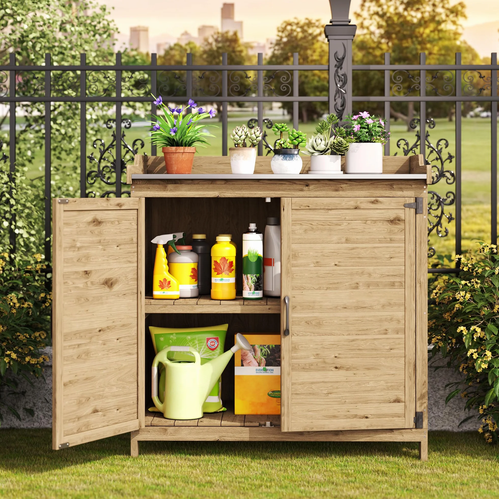 Bealife Tavolo per Piante con Mobile Base in Legno Armadietto da Esterno Naturale 98x48x95 cm