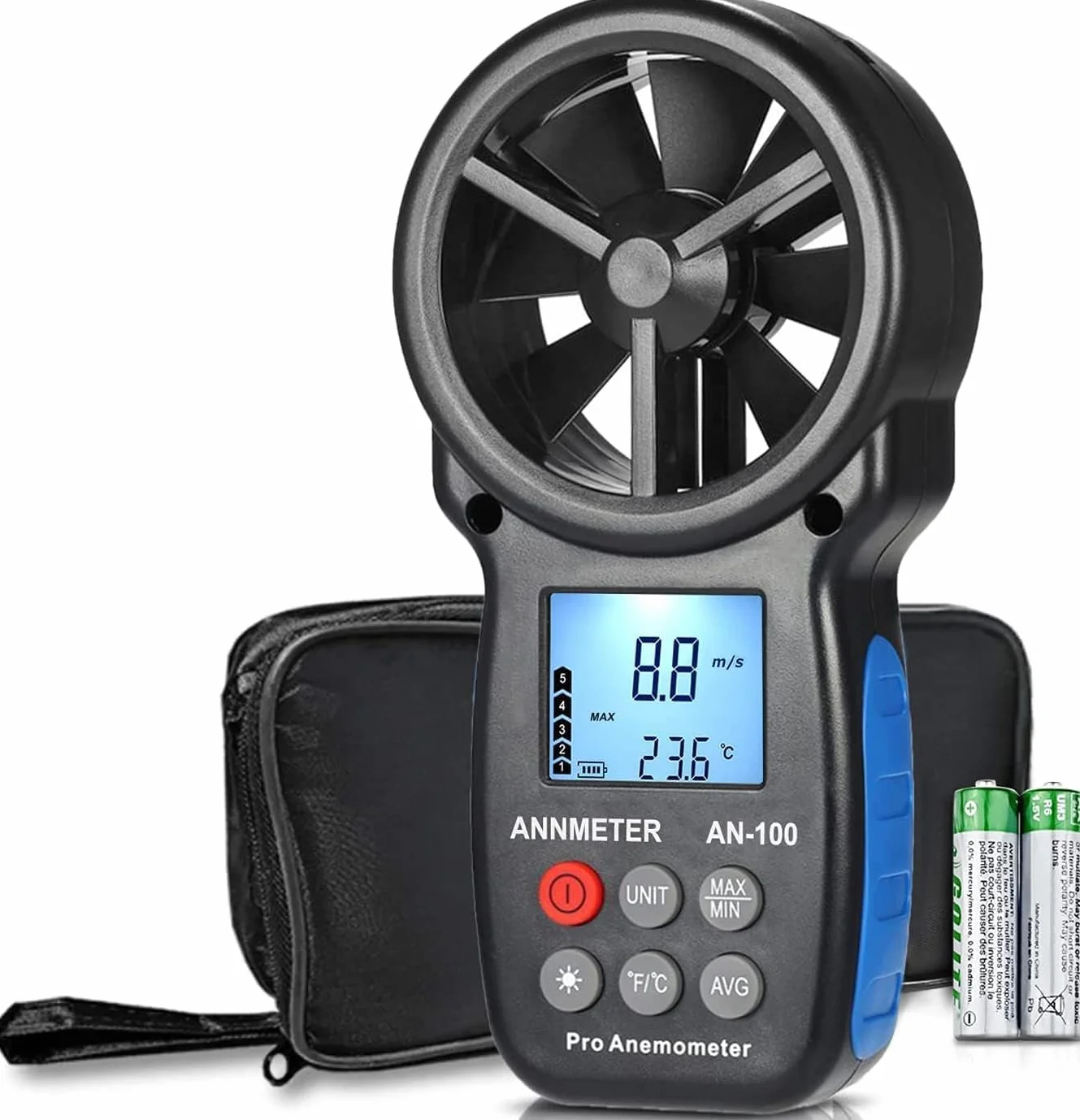 Anemometro Portatile AIOMEST Misuratori del Vento AI-100, Misuratore Velocità Vento 90 km/h e Temperatura Aria, con Funzione Wind Chill, per HVAC, VMC, Drone, Vela, Pesca, Custodia portatile Inclusa