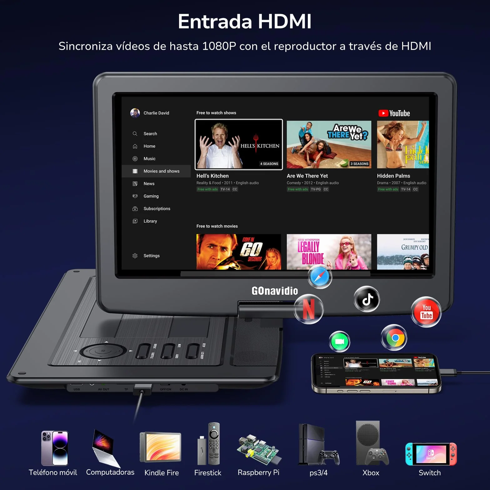 Lettore DVD Portatile 17,9" Schermo 16" 6 Ore Batteria Ricaricabile Ingresso HDMI Regione Libera USB/TF