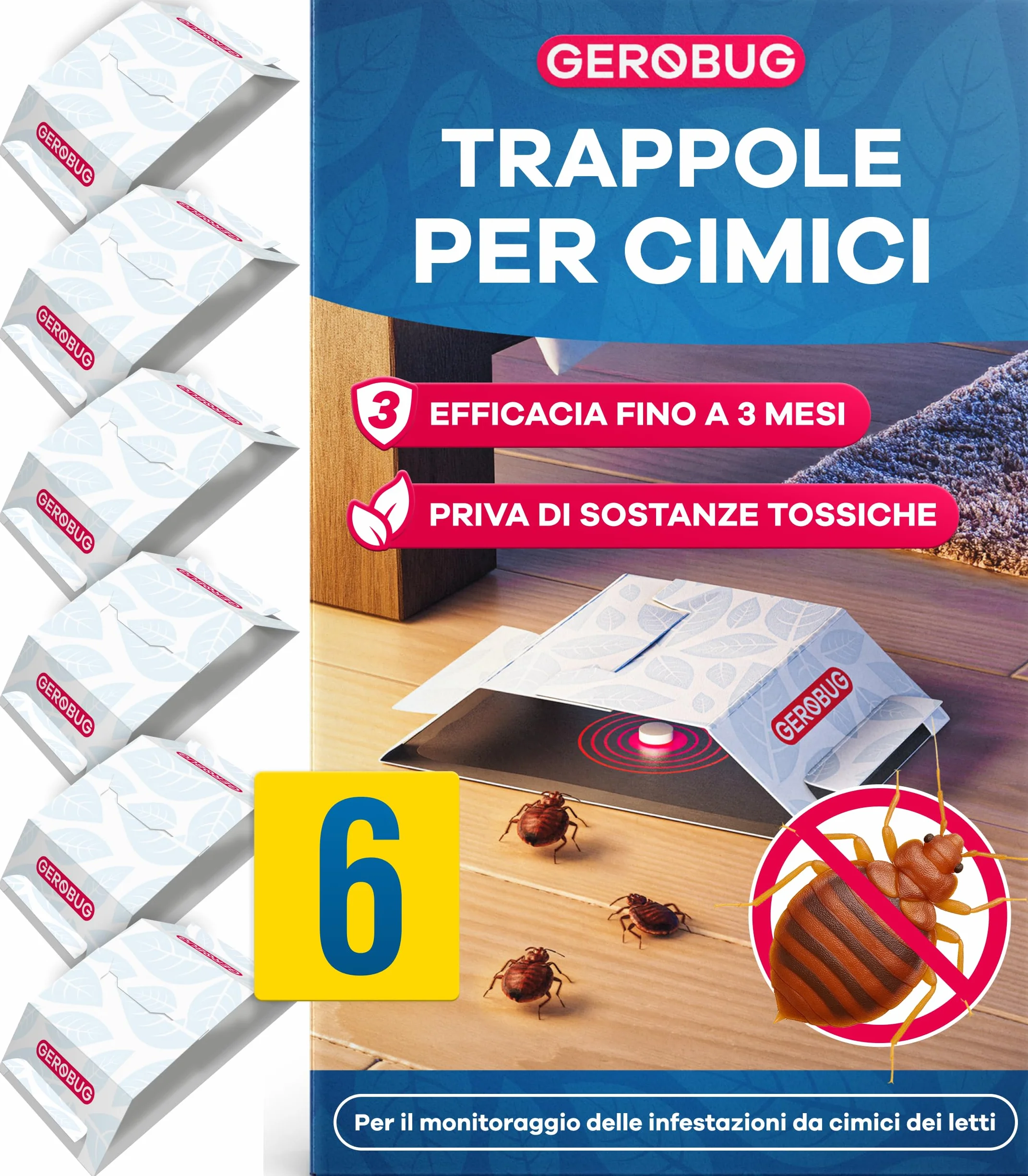 Gerobug Trappola per Cimici da Letto 6 Pezzi - Efficaci Trappole Adesive con Forte Attrattivo per la Rilevazione Precoce di Cimici da Letto - Monitoraggio senza Sostanze Chimiche & Immediatamente