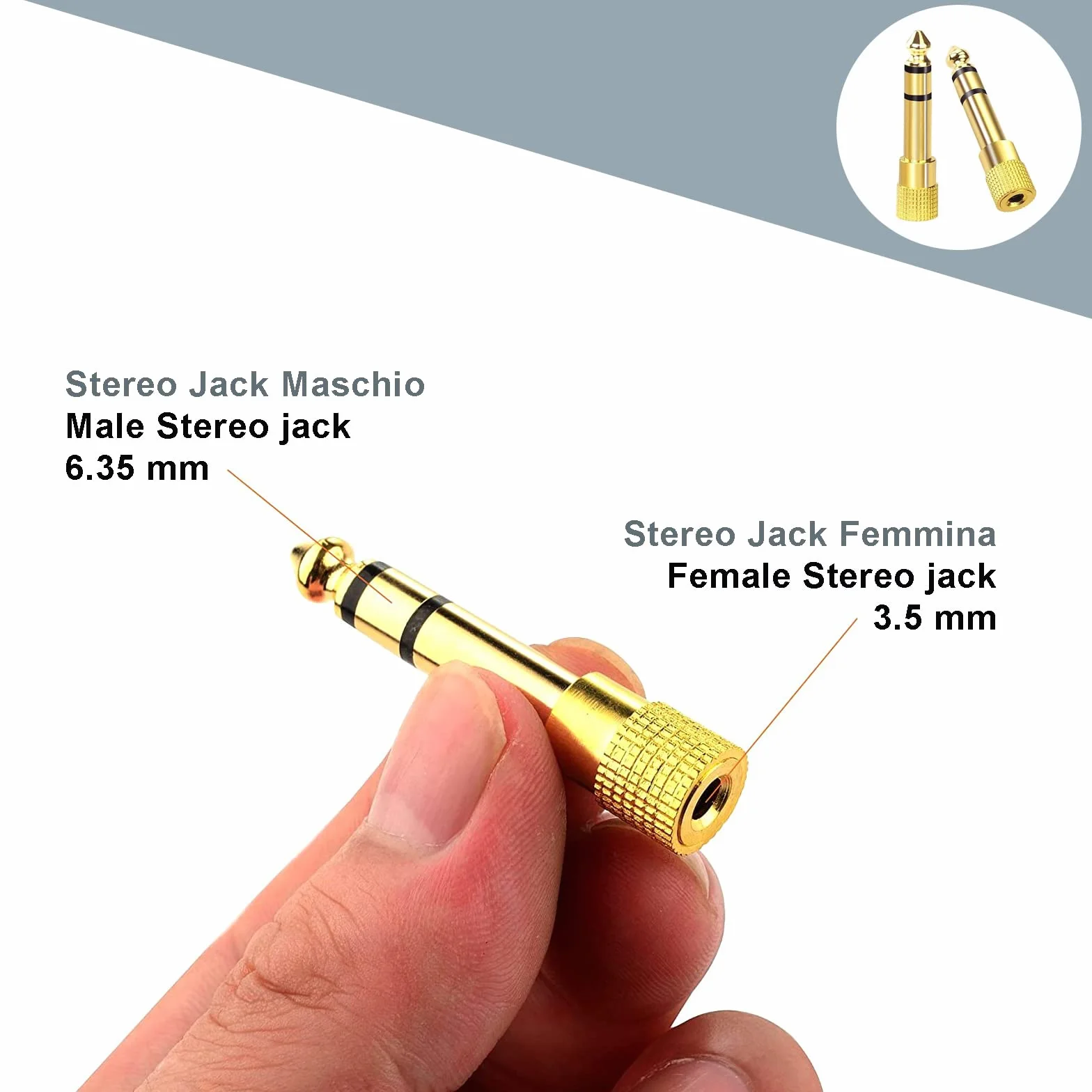 Adattatore Jack Cuffie 6.3 a 3.5 Rame Puro Placcato Oro Riduttore Maschio Femmina Stereo AUX