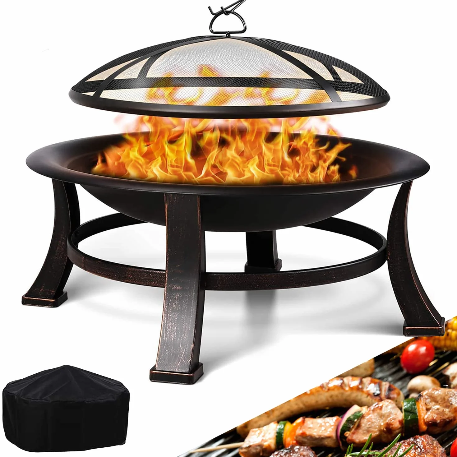 TLGREEN Braciere da Esterno, Braciere Barbecue, Ø 76 cm Braciere da Giardino in Look Retrò, Bracieri per il Giardino con Parascintille e Griglia, Stabile e Funzionale, per Fuoco e Riscaldamento