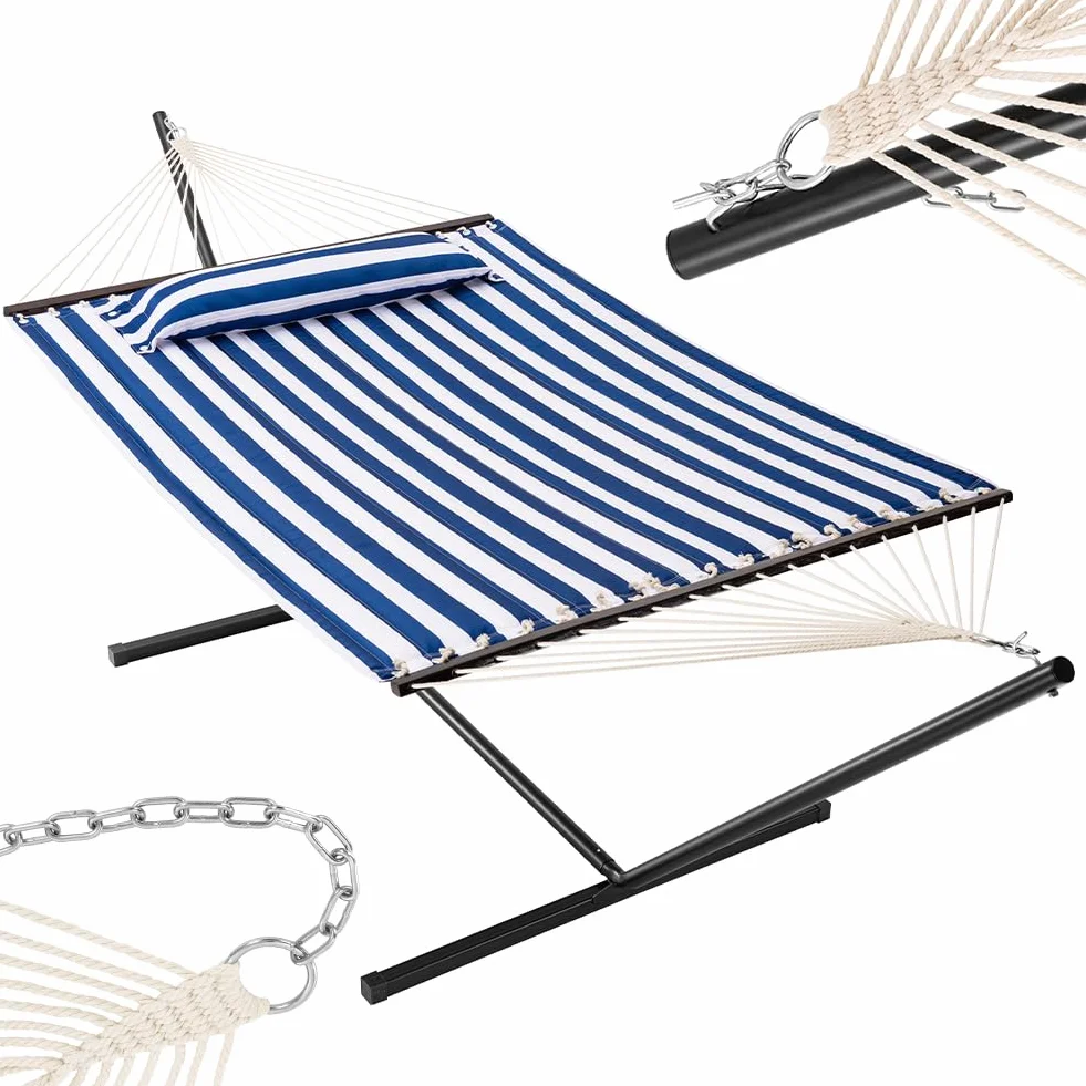 Amaca da Giardino con Supporto a Brasiliana, Telaio in Acciaio, Capacità di Carico 200 kg, Blu/Bianco
